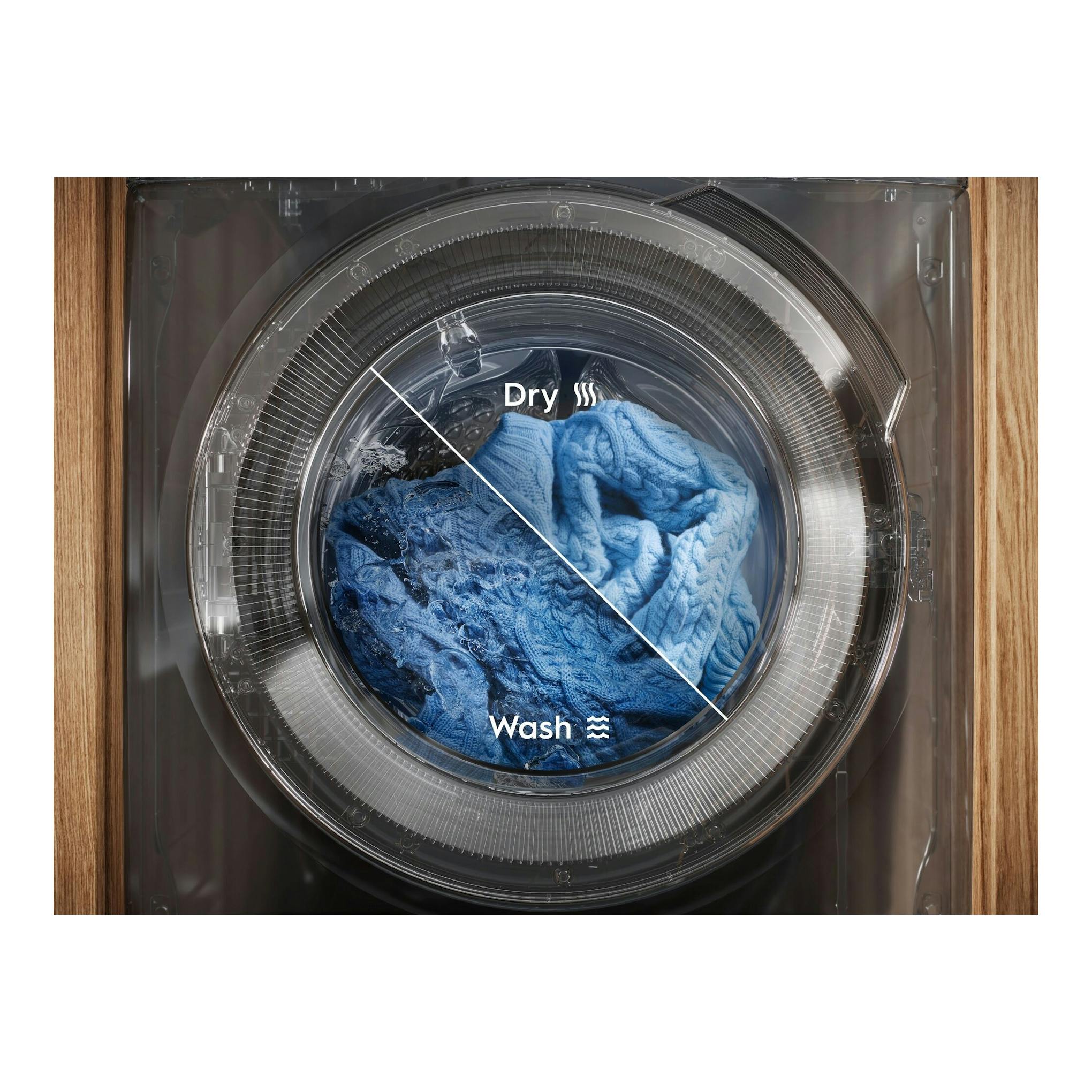 Lavasecadora Electrolux EWI7216O2B, vista frontal, puerta circular transparente con ropa azul y texto Wash/Dry.