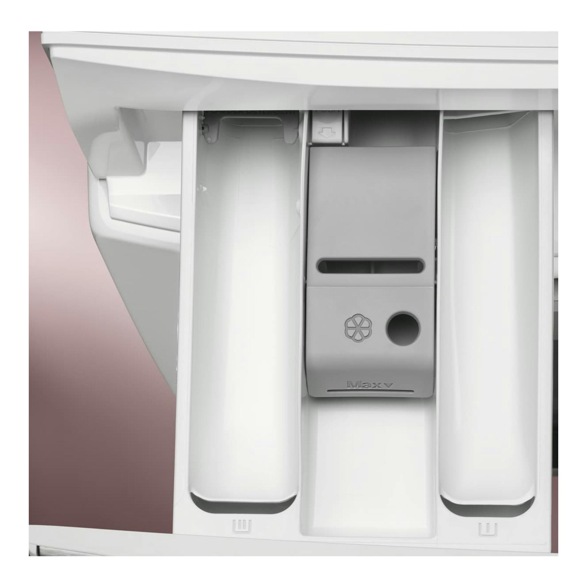 Electrolux EWI7216O2B: cajetín de detergente blanco y gris, vista frontal en primer plano.
