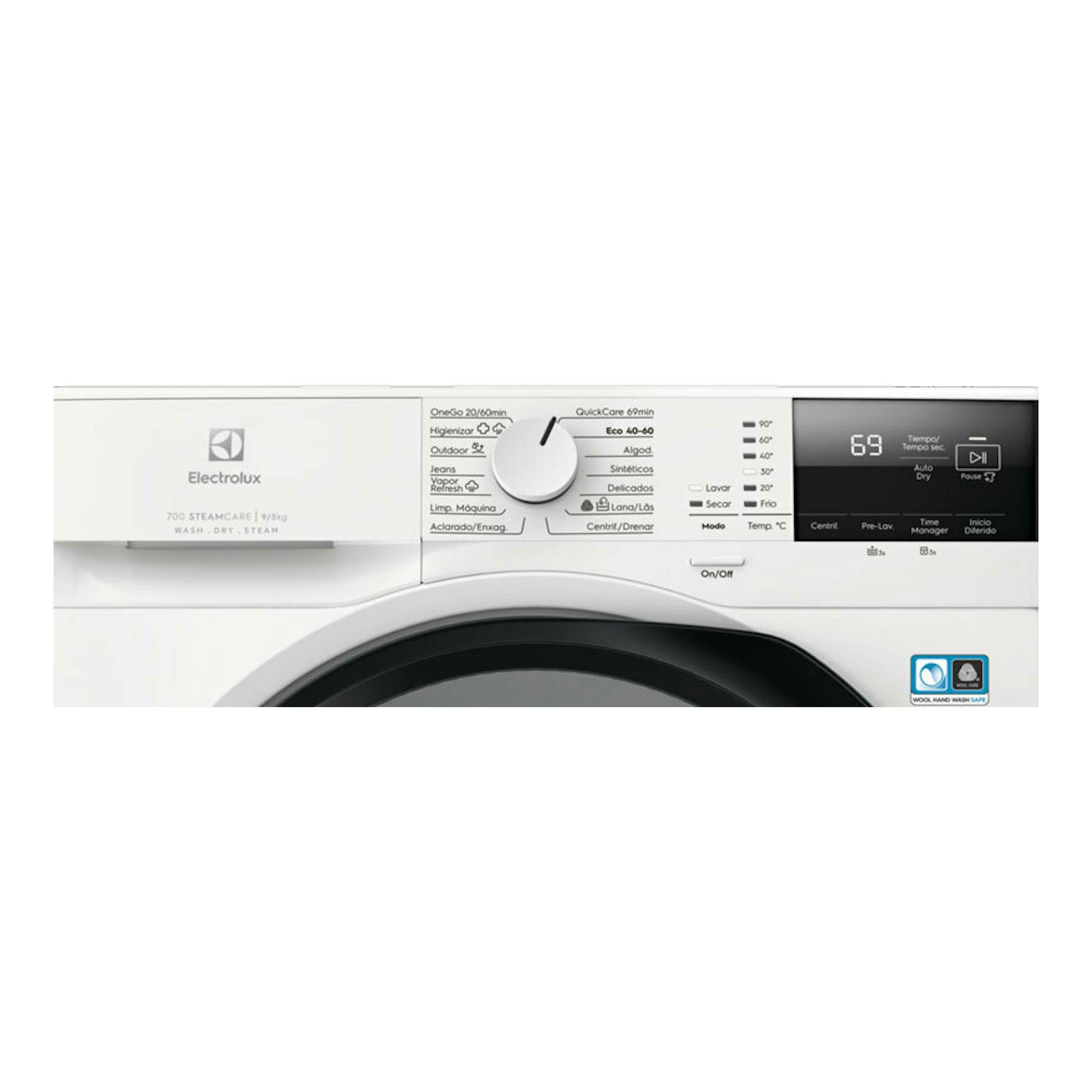 Lavasecadora Electrolux EWI7294M2B blanca, vista frontal parcial, panel con display negro y puerta circular.