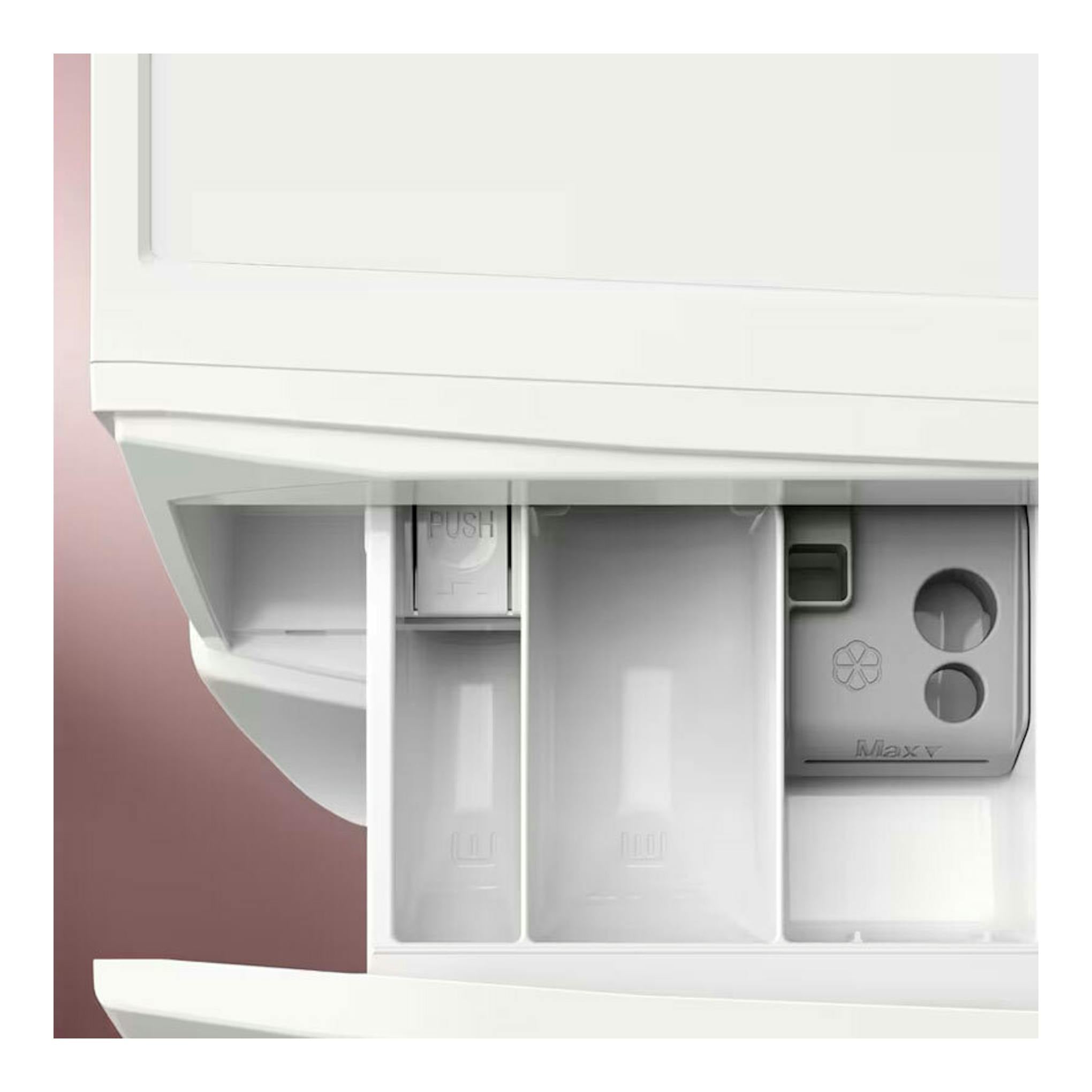 Electrolux EWI7294M2B: detalle frontal del cajón dispensador blanco de la lavasecadora.