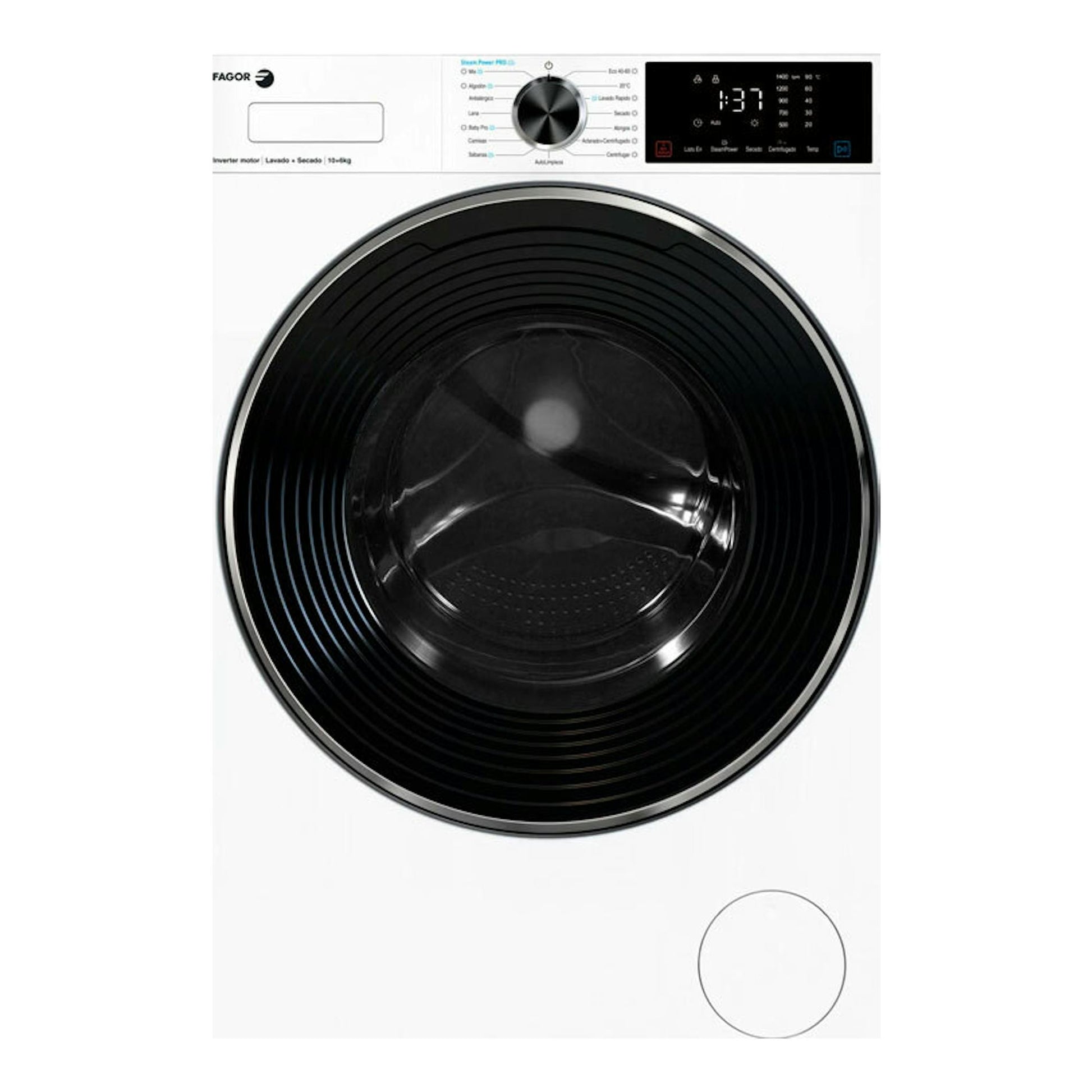Lavasecadora Fagor 5FS-106714 blanca, vista frontal, con puerta circular negra y panel digital superior.