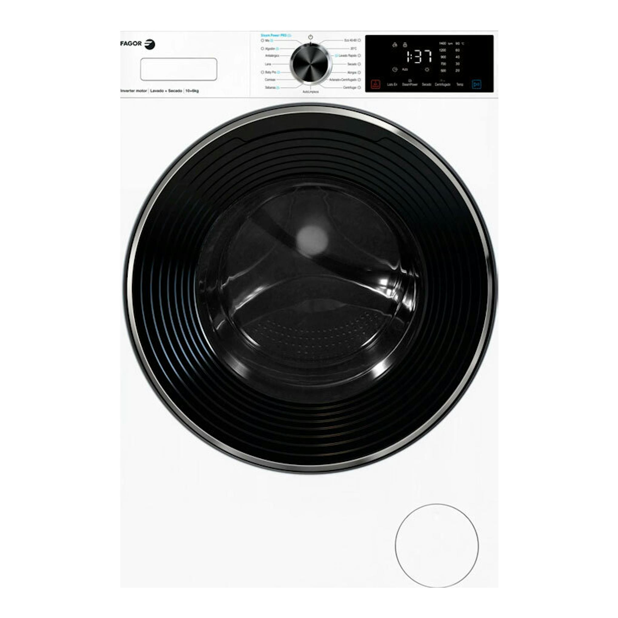 Lavasecadora Fagor 5FS-106714 blanca, vista frontal, con puerta circular negra y panel digital superior.