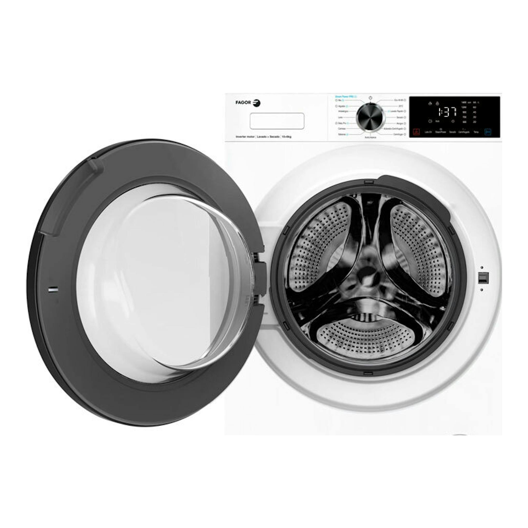 Lavasecadora Fagor 5FS-106714 blanca, vista frontal, con puerta gris oscura abierta.