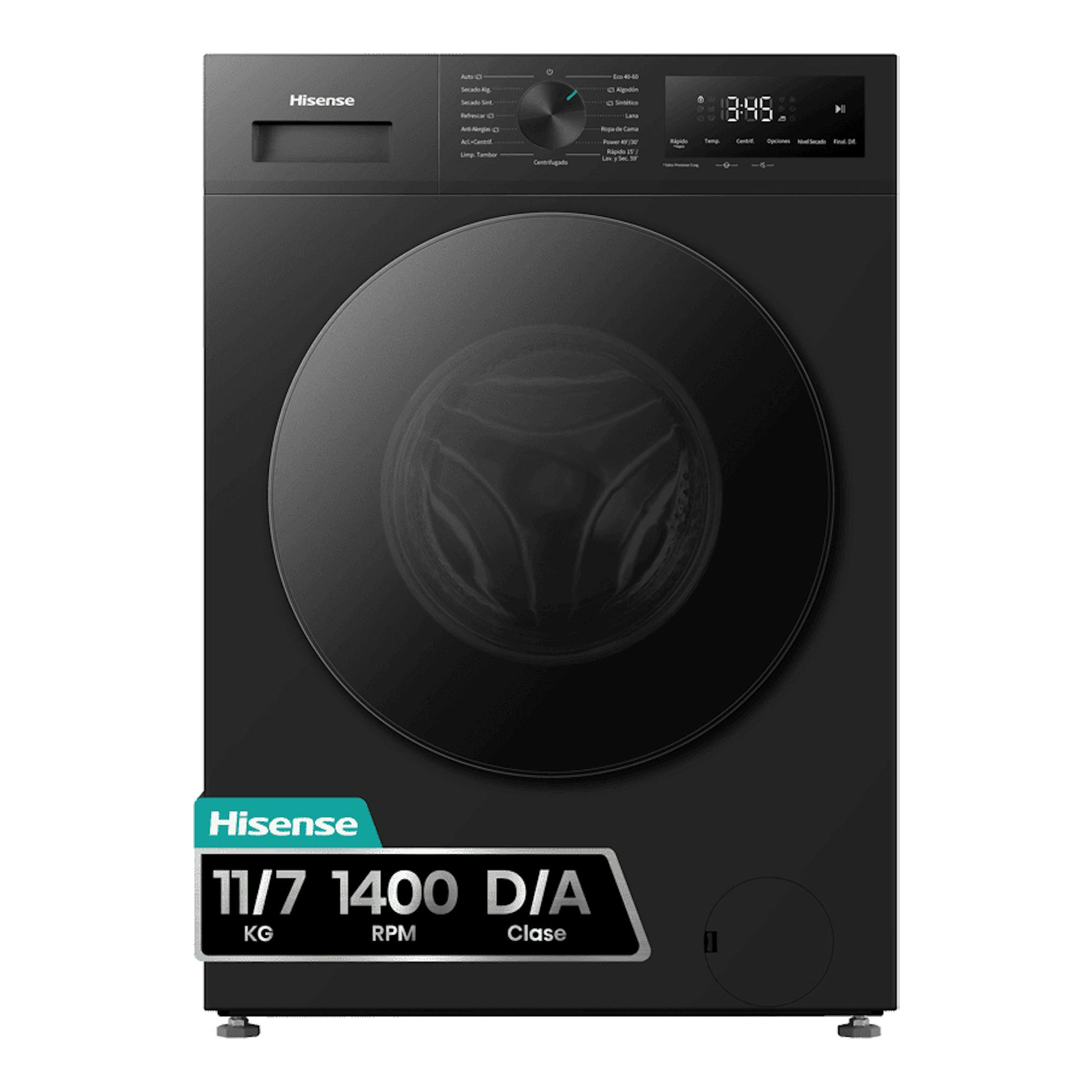 Lavasecadora Hisense WD1I1142BBL2 negra, vista frontal, con puerta circular y panel digital.