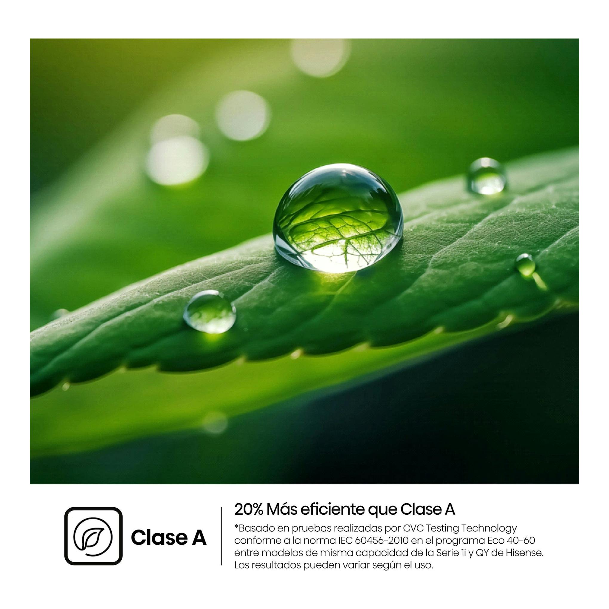 Hisense WD1I1142BBL2, imagen promocional de hoja verde con gotas de agua y texto de clase A.