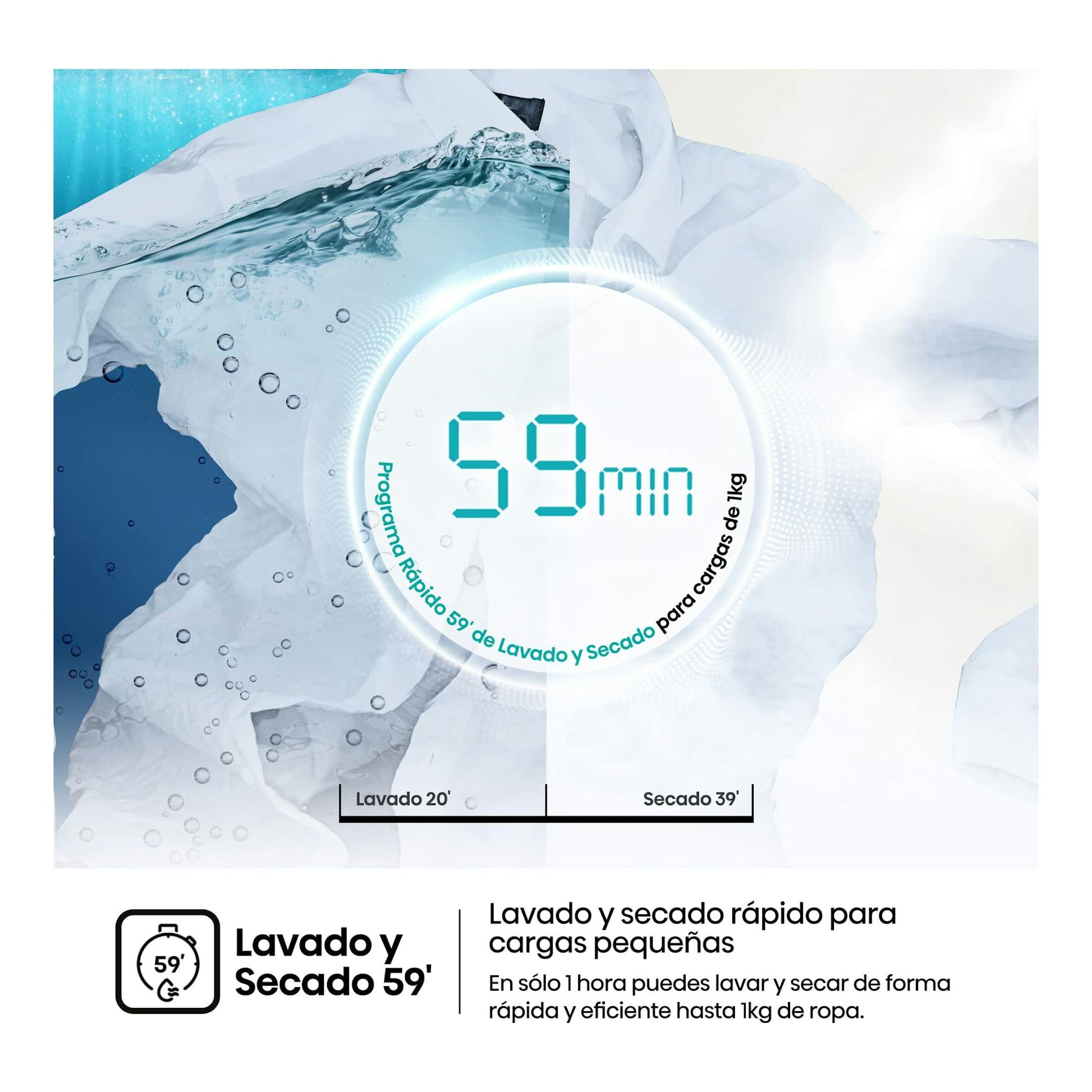 Hisense WD1I1142BBL2, gráfico con camisa blanca y agua, lavado y secado en 59 min.