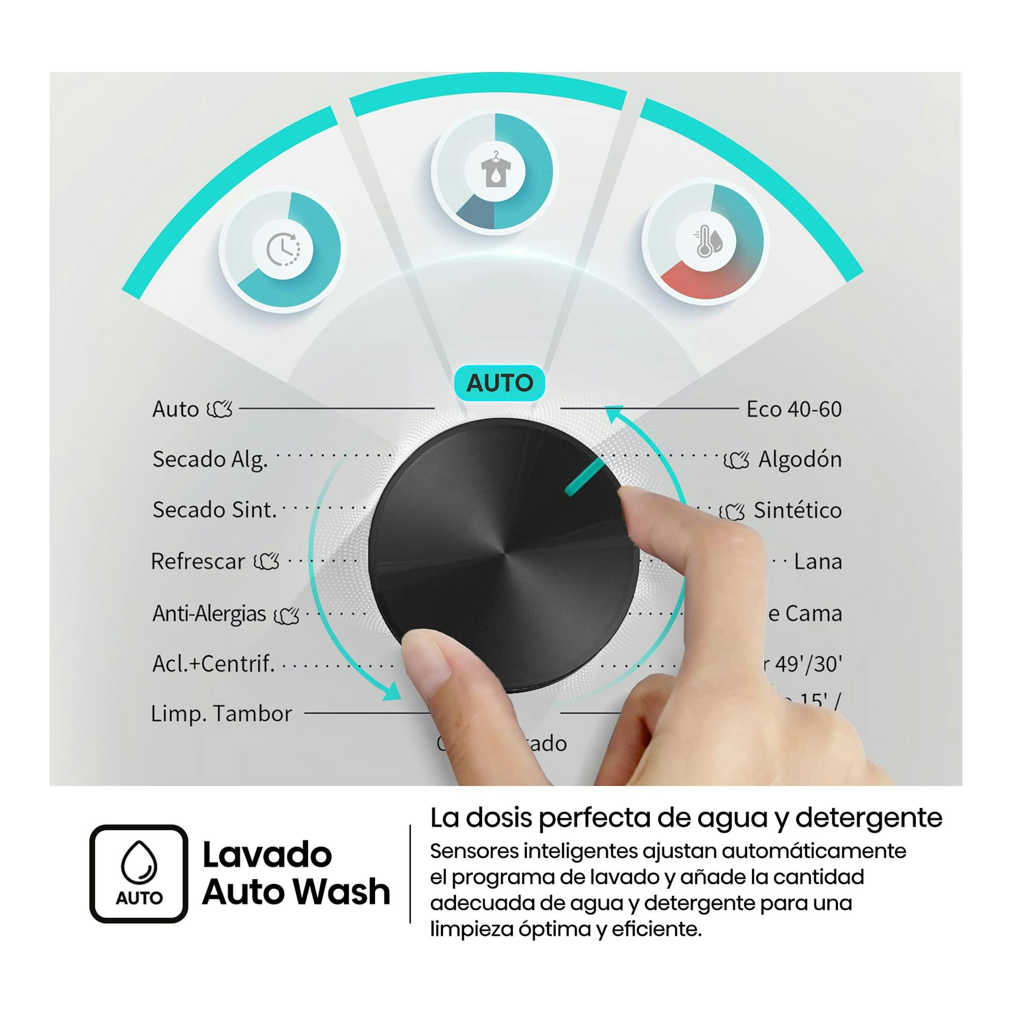 Hisense WD1I1142BBL2: panel de lavasecadora con selector negro y mano señalando el programa Auto.