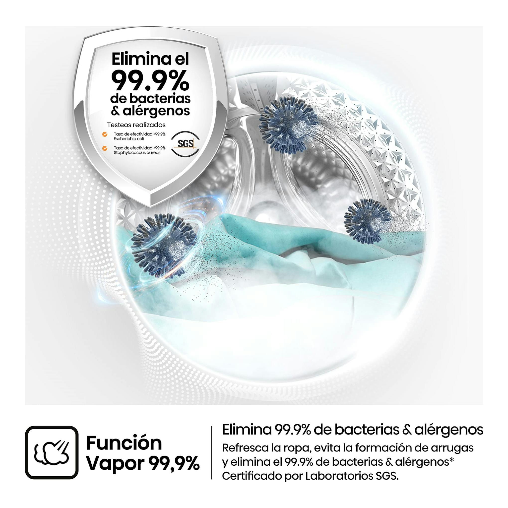 Hisense WD1I1142BBL2: gráfico de tambor de lavasecadora con vapor y texto sobre eliminar 99,9% de bacterias y alérgenos