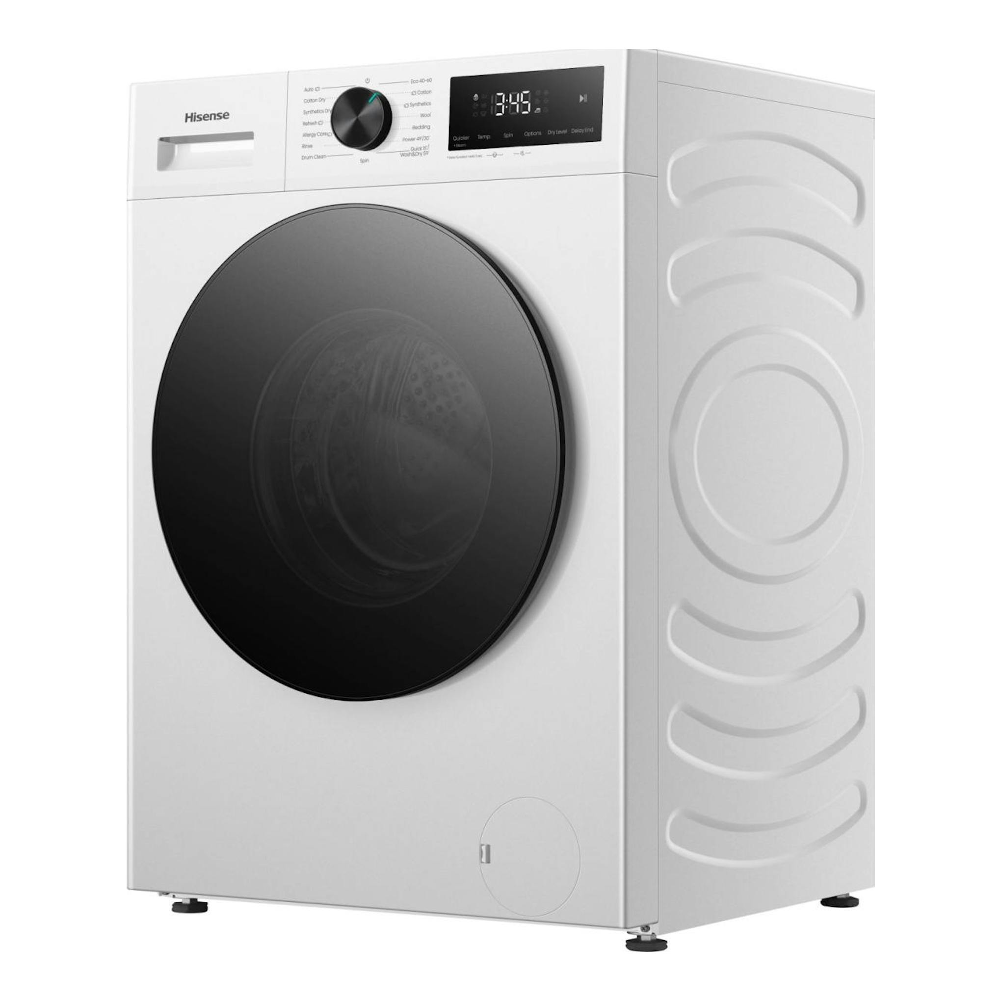 Lavasecadora Hisense WD1I1142BWL2 blanca, vista frontal en ángulo, con puerta negra y panel digital.