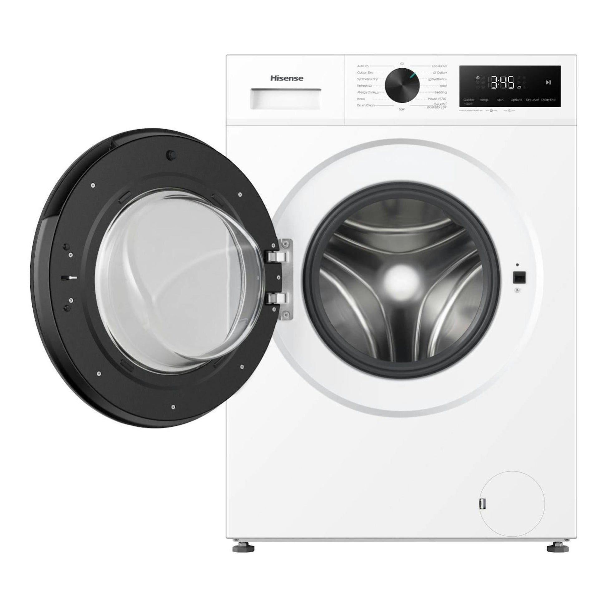 Lavasecadora Hisense WD1I1142BWL2 blanca, vista frontal, con puerta abierta y panel digital.