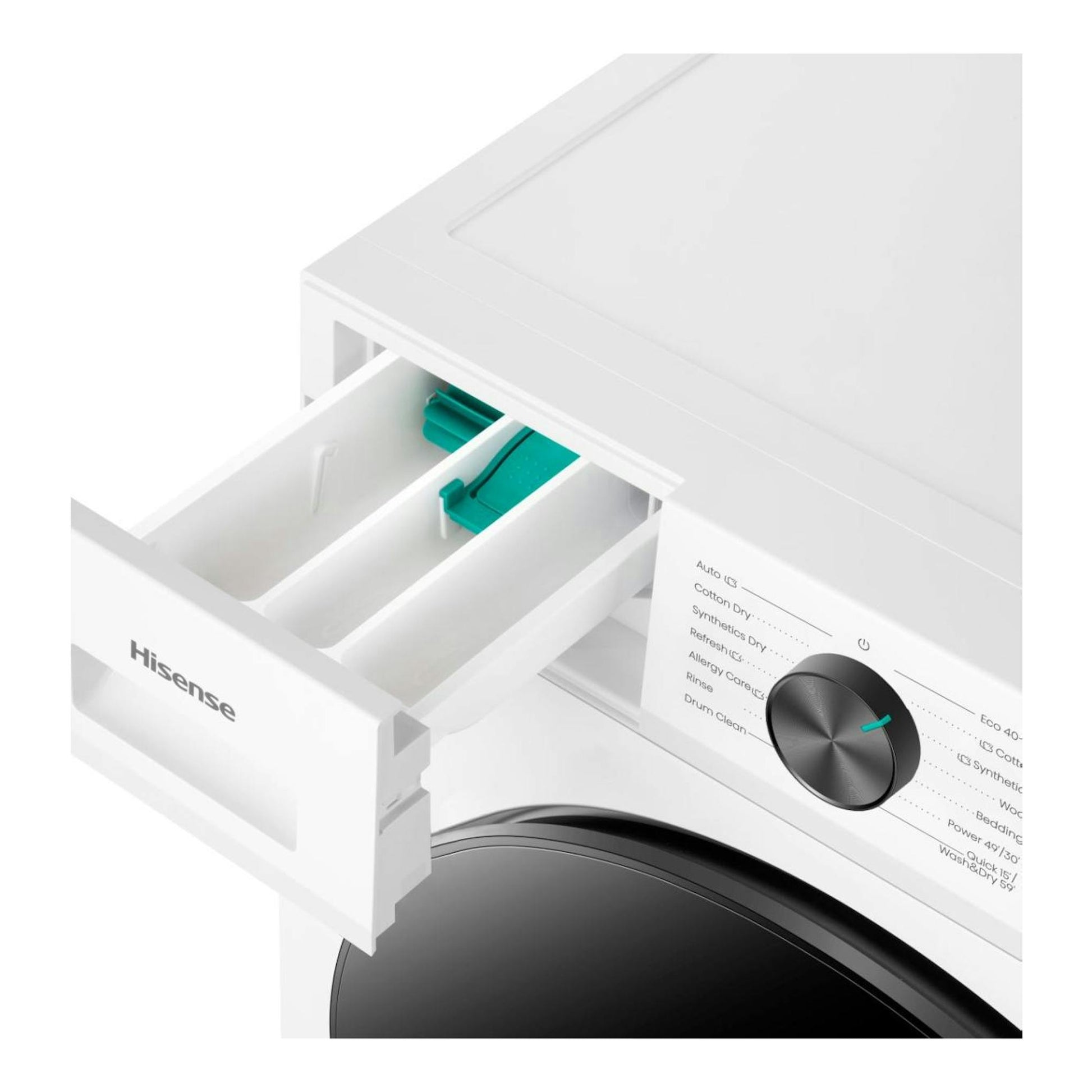 Lavasecadora Hisense WD1I1142BWL2 blanca, vista frontal parcial, con cajón de detergente abierto y puerta negra.