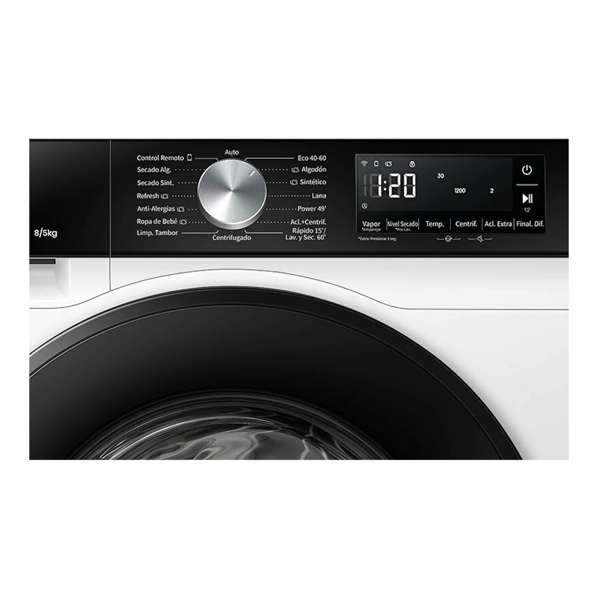 Lavasecadora Hisense WD3S8043BW3 blanca, vista frontal parcial del panel y puerta.