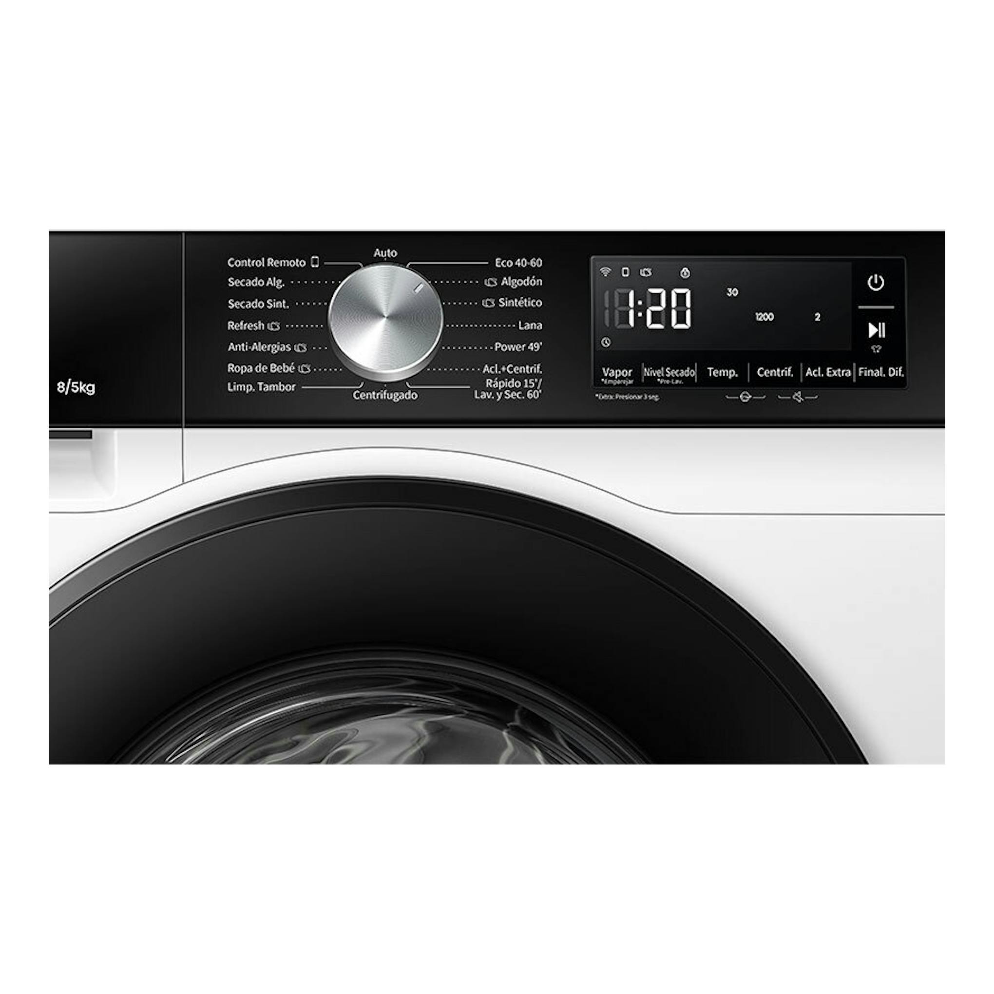 Lavasecadora Hisense WD3S8043BW3 blanca, vista frontal parcial del panel y puerta.
