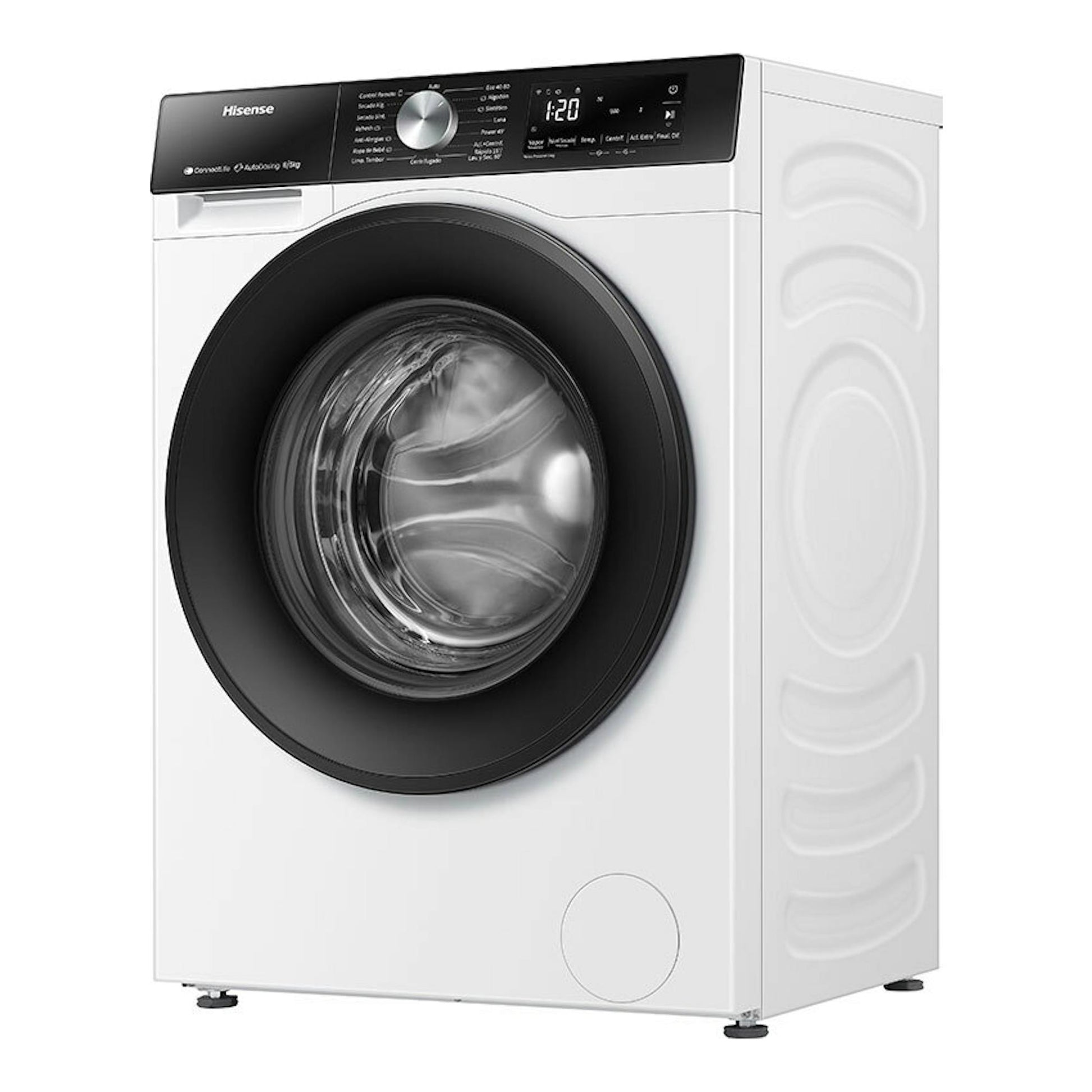Lavasecadora Hisense WD3S8043BW3 blanca, vista frontal en ángulo, con puerta negra y panel superior digital.