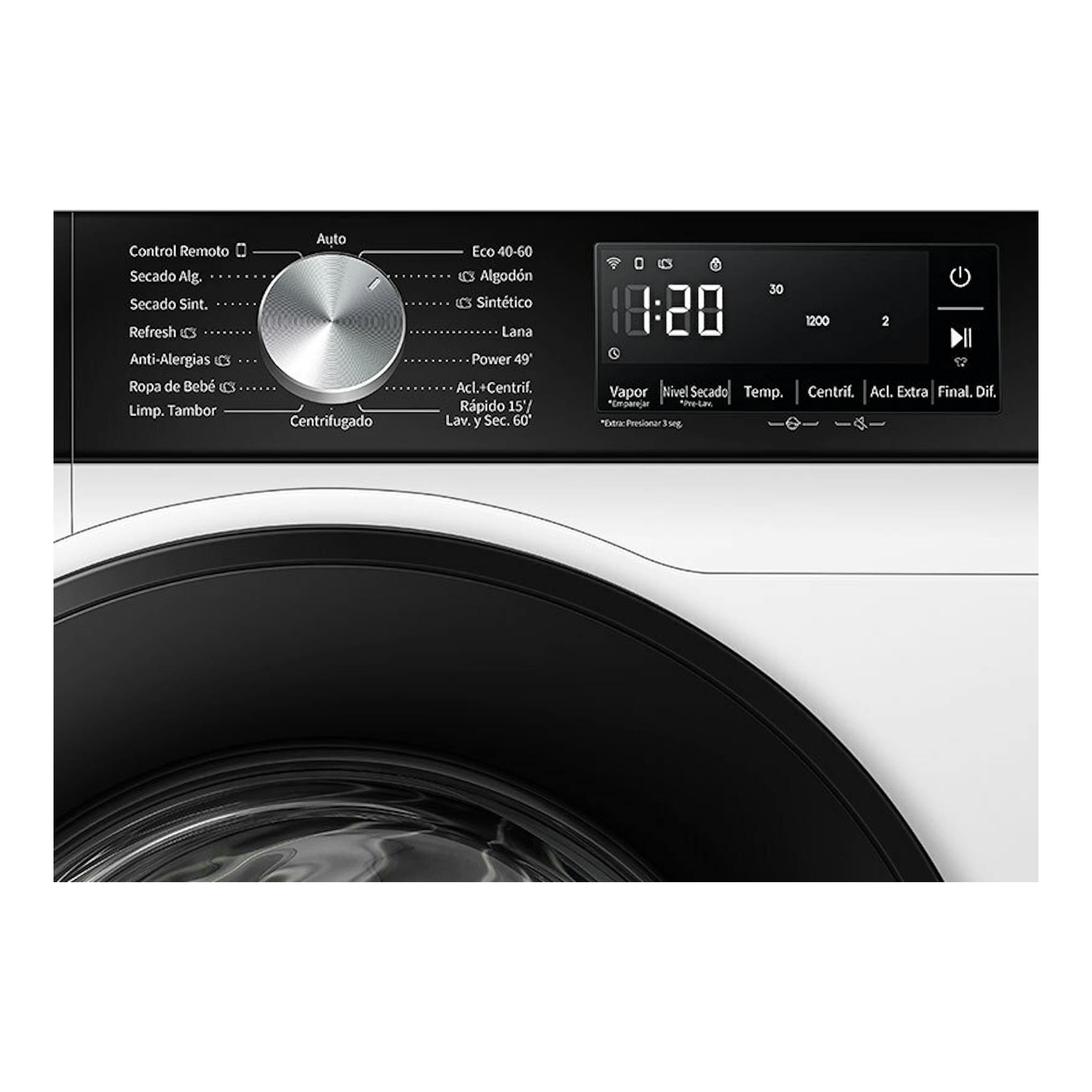 Lavasecadora Hisense WD3S9043BW3 blanca, vista frontal parcial, panel negro con dial plateado y pantalla digital.