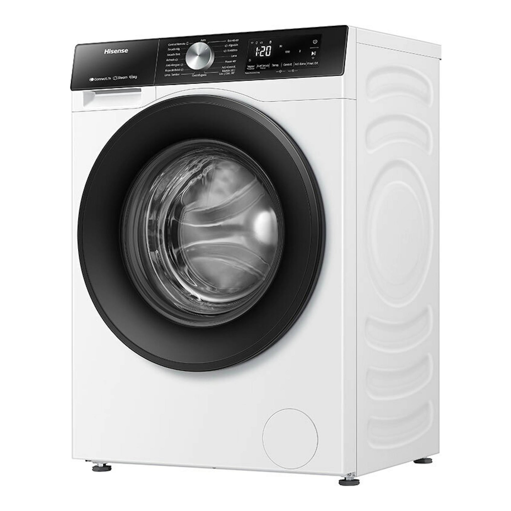 Lavasecadora Hisense WD3S9043BW3 blanca, vista frontal, con puerta negra y panel de control superior.