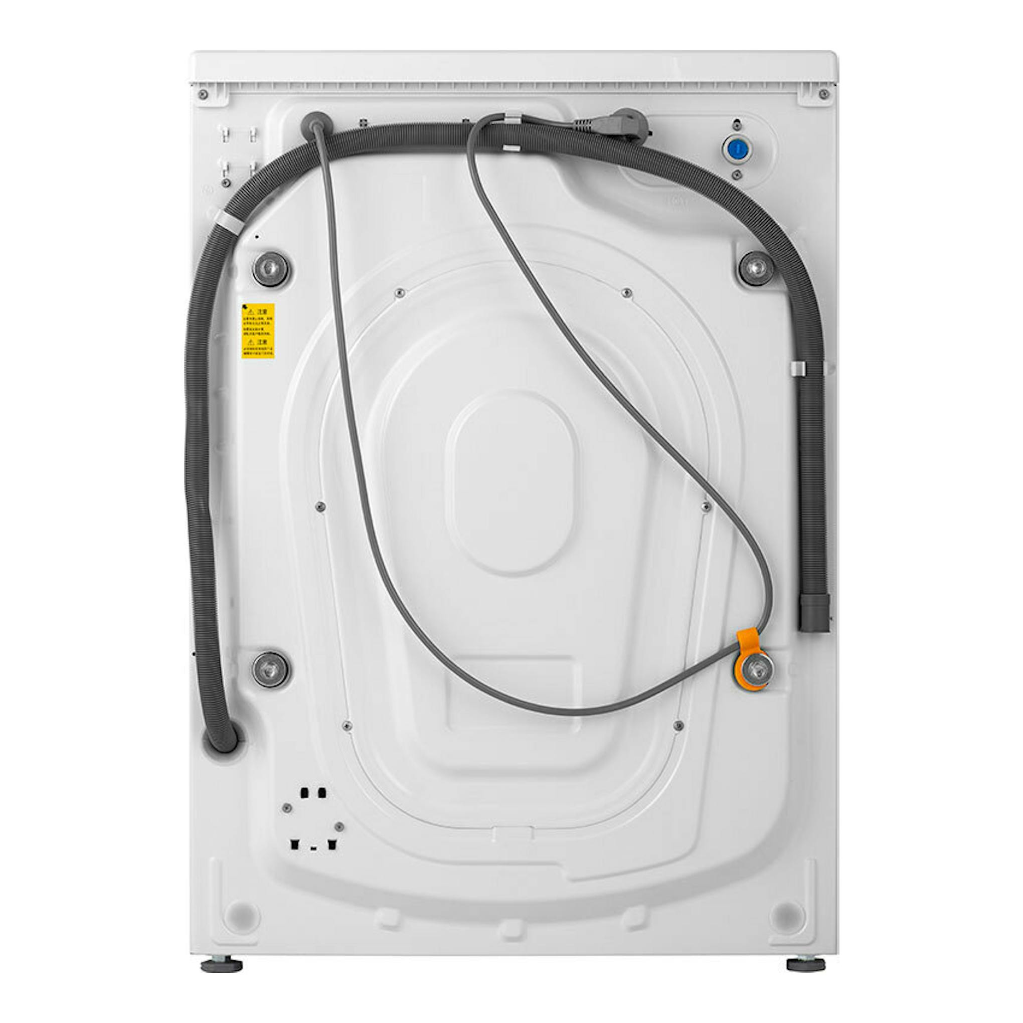 Lavasecadora Hisense WD3S9043BW3 blanca, vista trasera con mangueras y cable visible.