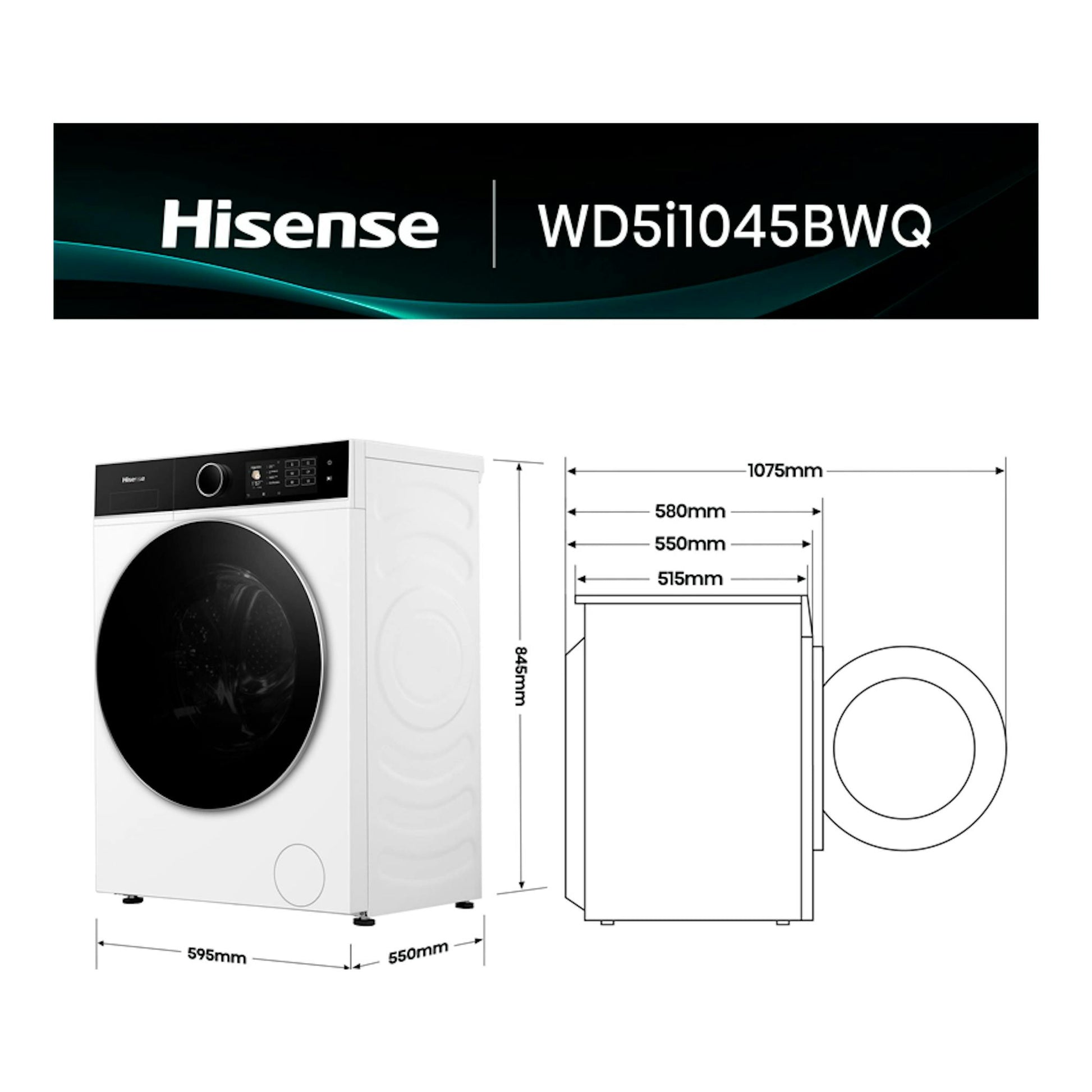 Hisense WD5i1045BWQ: lavasecadora blanca en vista frontal y lateral, con medidas técnicas.