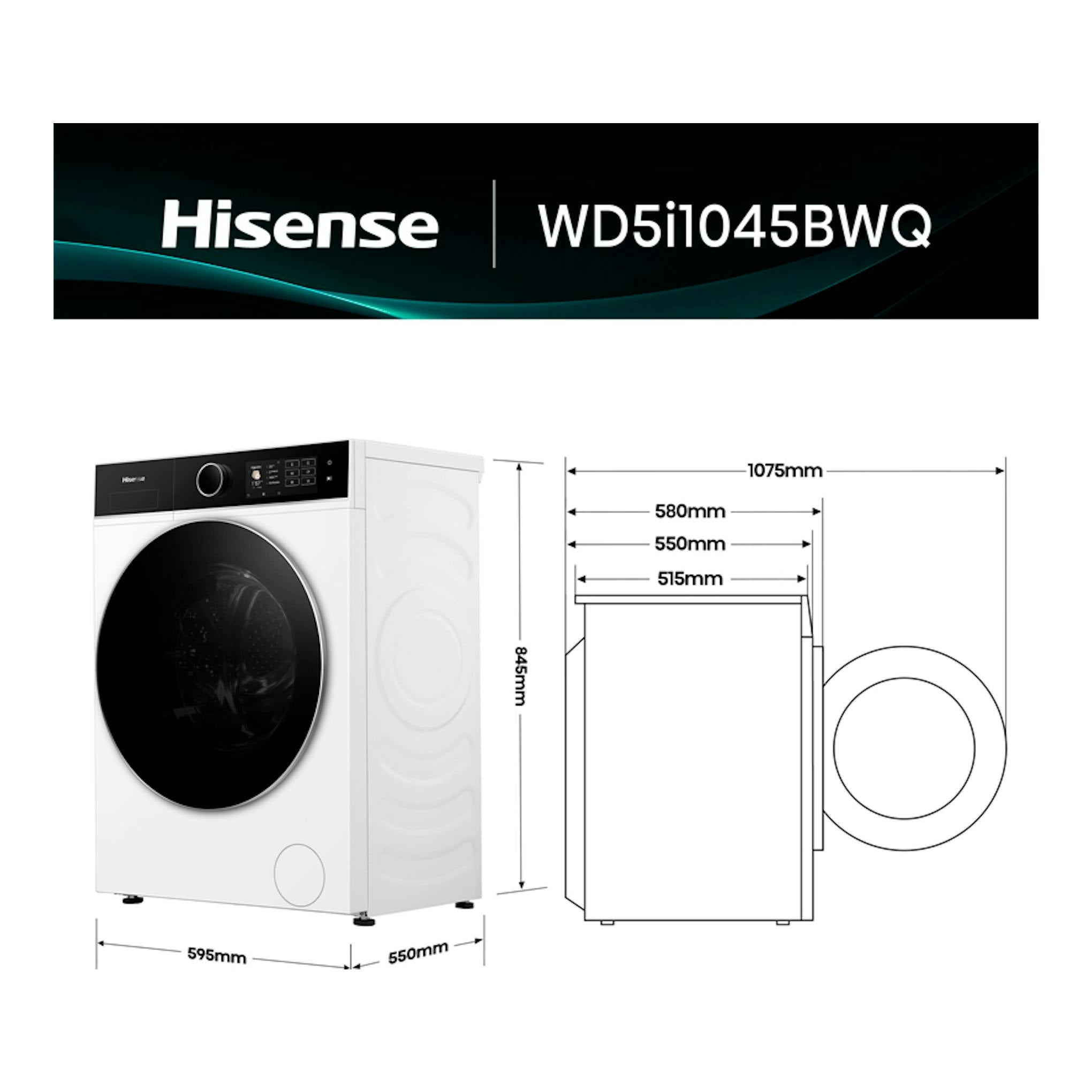 Hisense WD5i1045BWQ: lavasecadora blanca en vista frontal y lateral, con medidas técnicas.