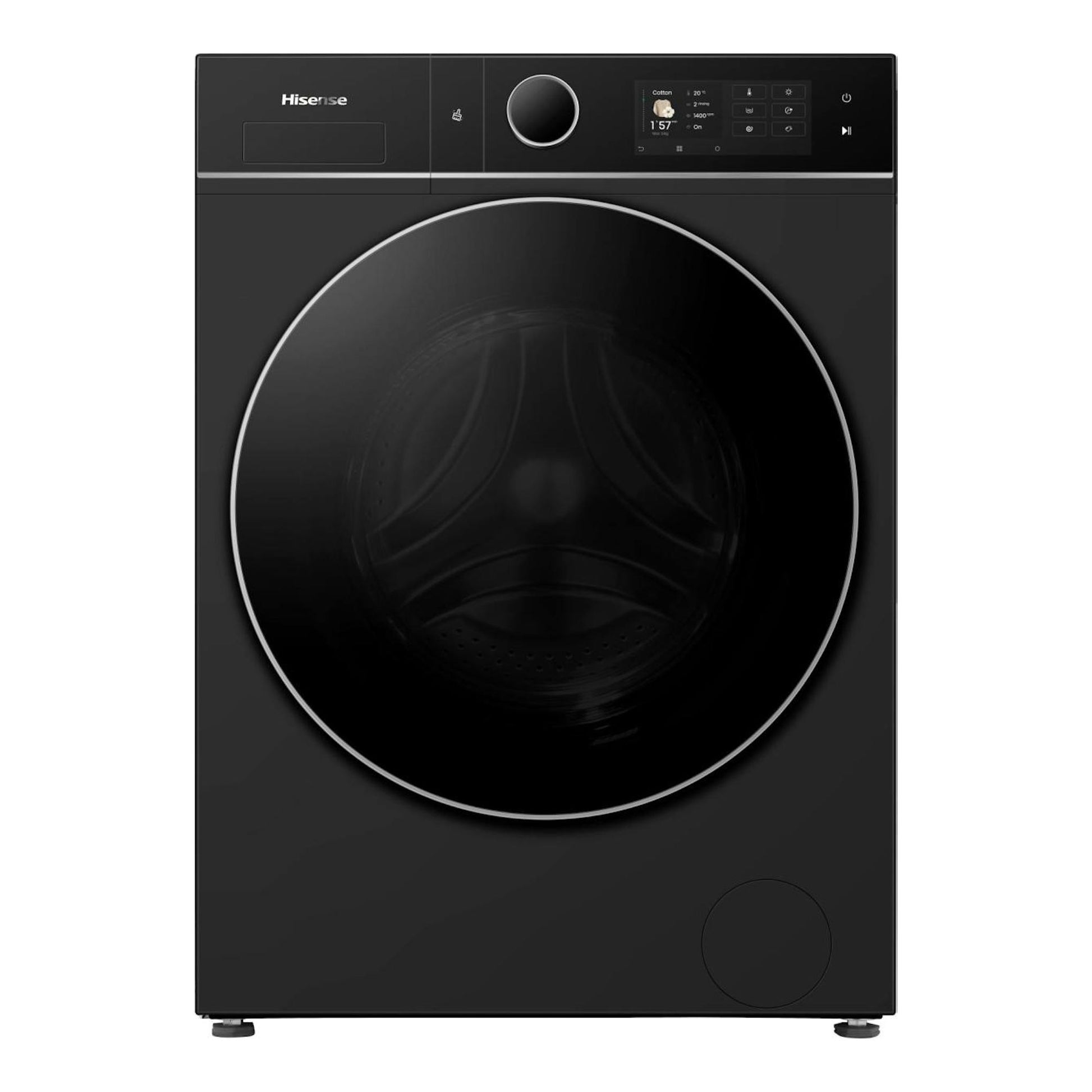 Lavasecadora Hisense WD5I1245BBRH negra, vista frontal, con puerta circular y panel digital superior.