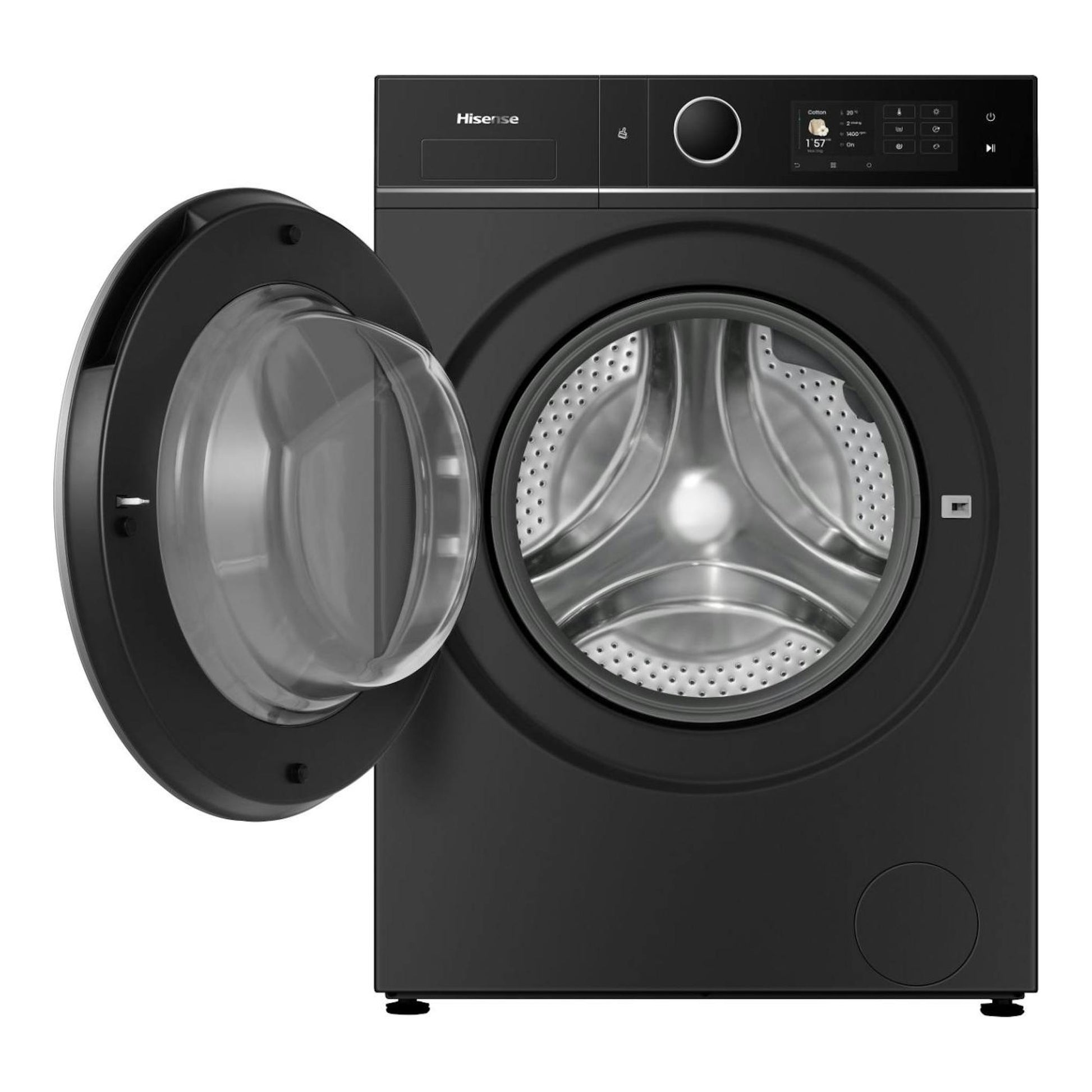 Lavasecadora Hisense WD5I1245BBRH negra, vista frontal, con puerta abierta y tambor visible.
