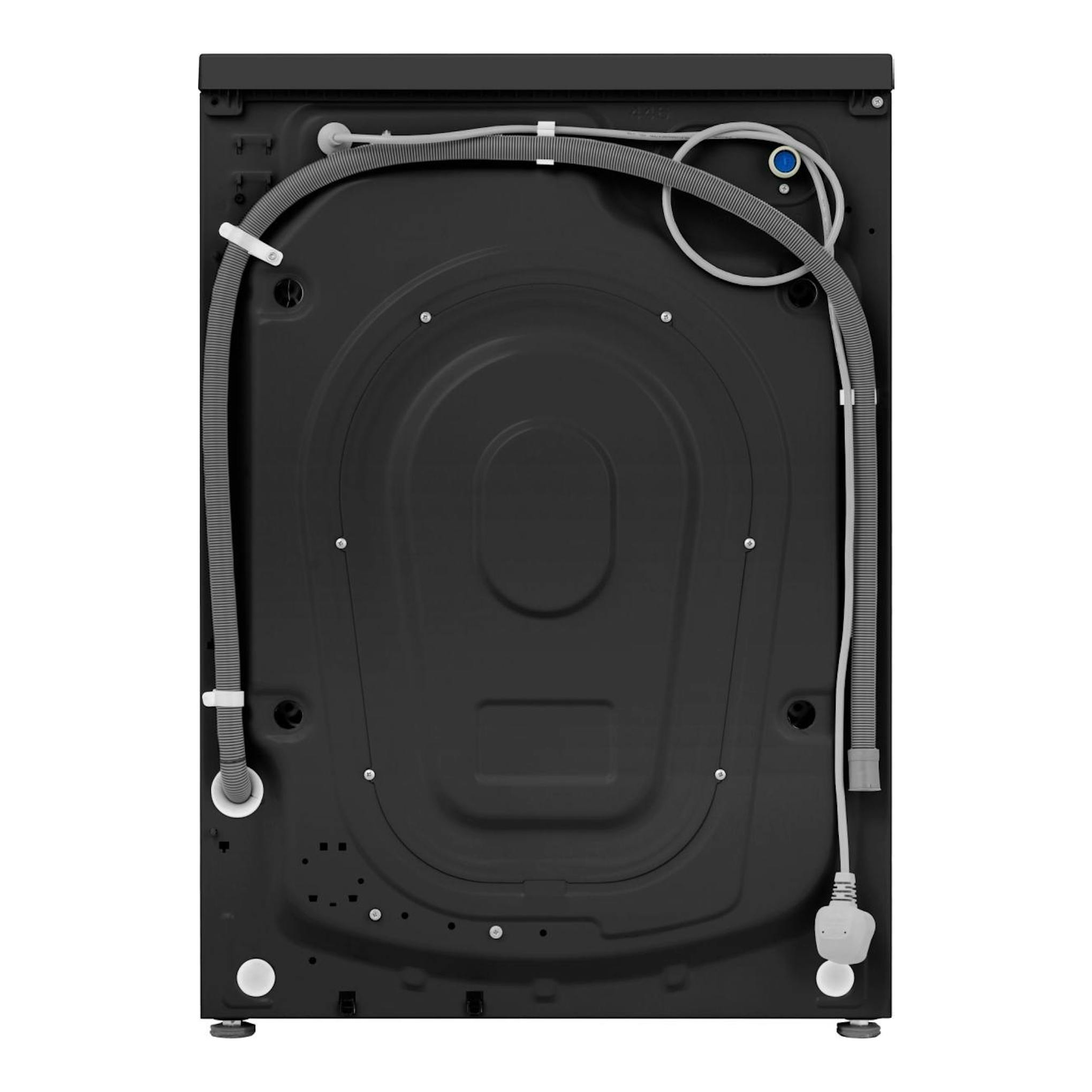 Parte trasera de lavasecadora Hisense WD5I1245BBRH negra, con mangueras y conexiones visibles.