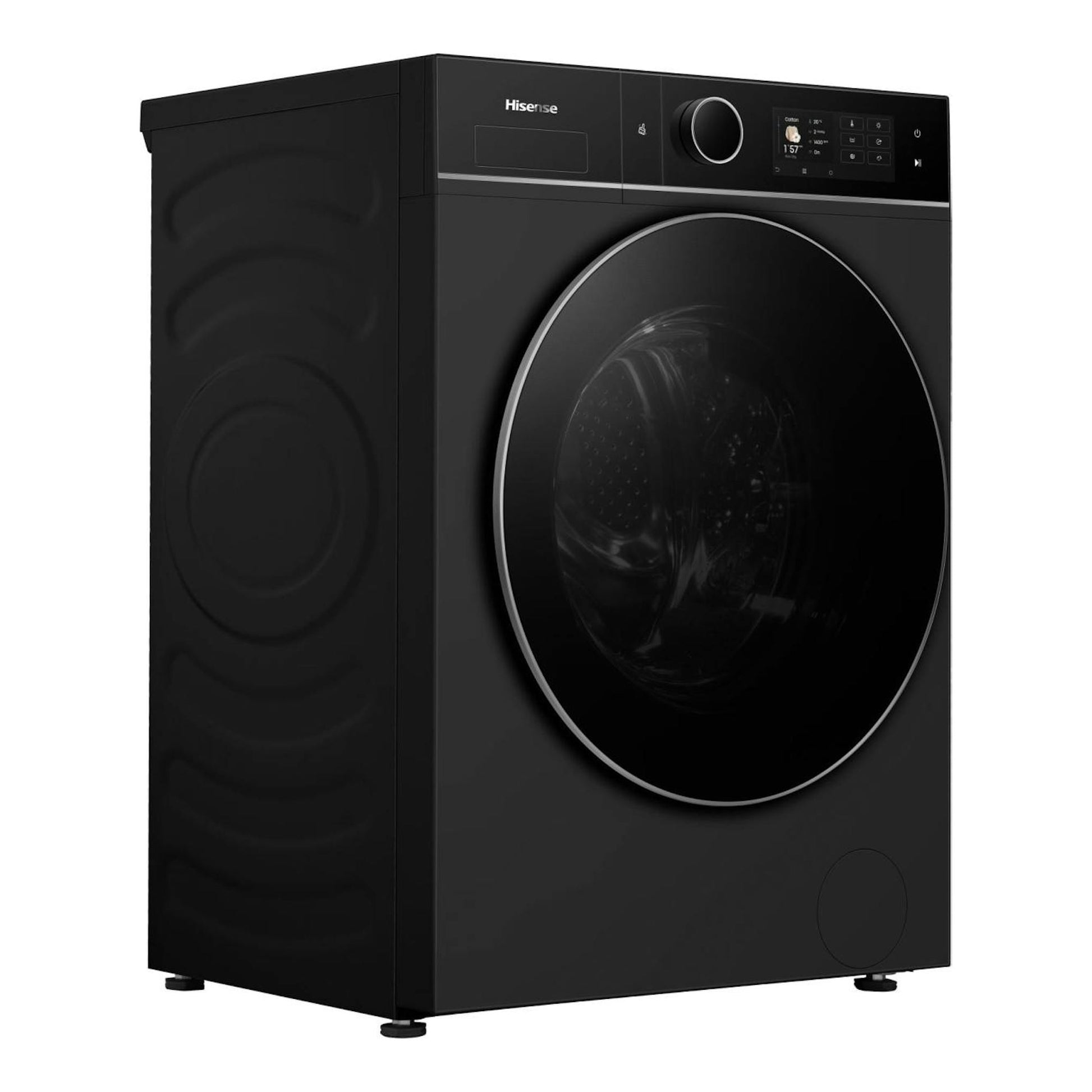 Lavasecadora Hisense WD5I1245BBRH negra, vista frontal izquierda, con puerta circular y panel digital.
