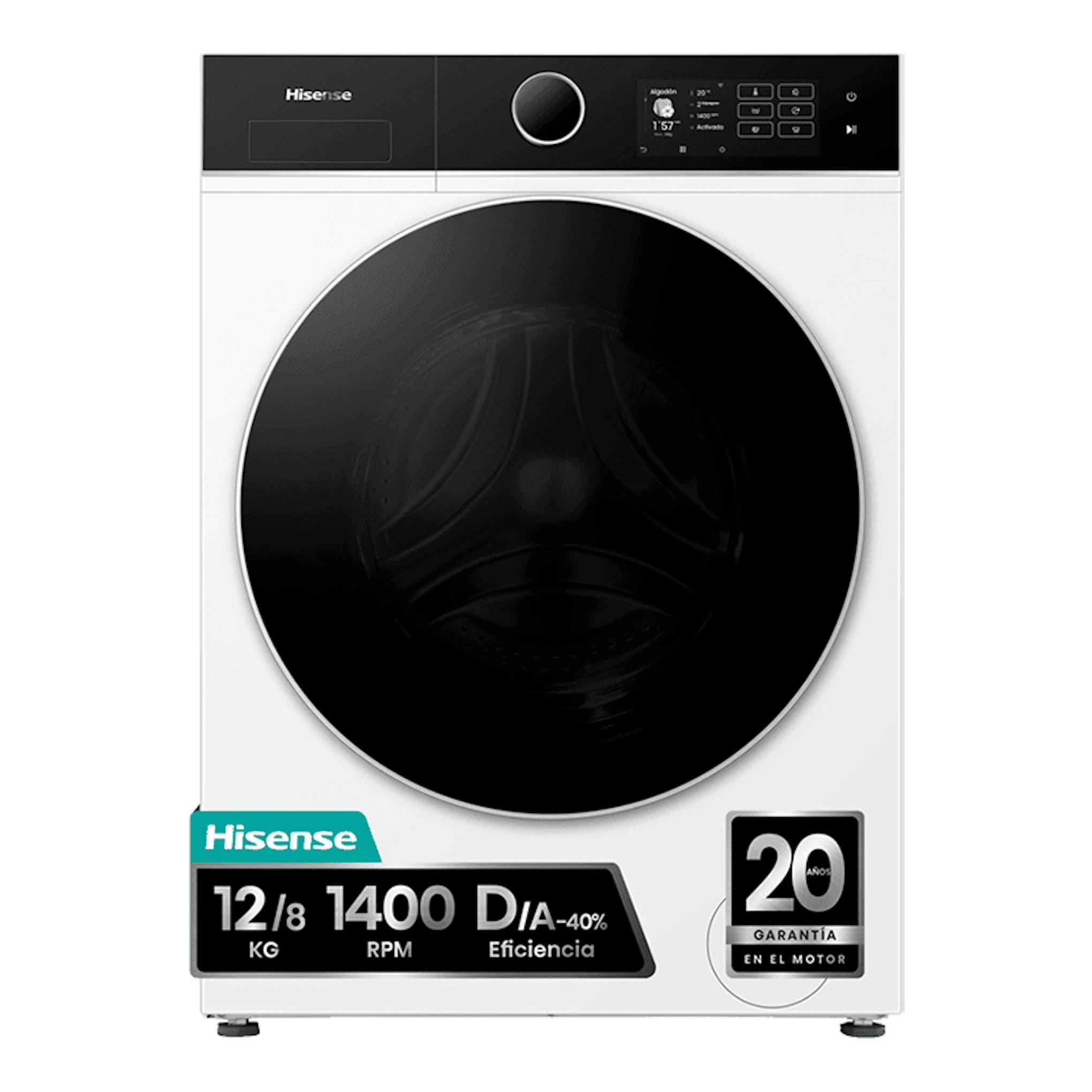 Lavasecadora Hisense WD5i1245BWR blanca, vista frontal, con puerta negra circular y panel superior negro.