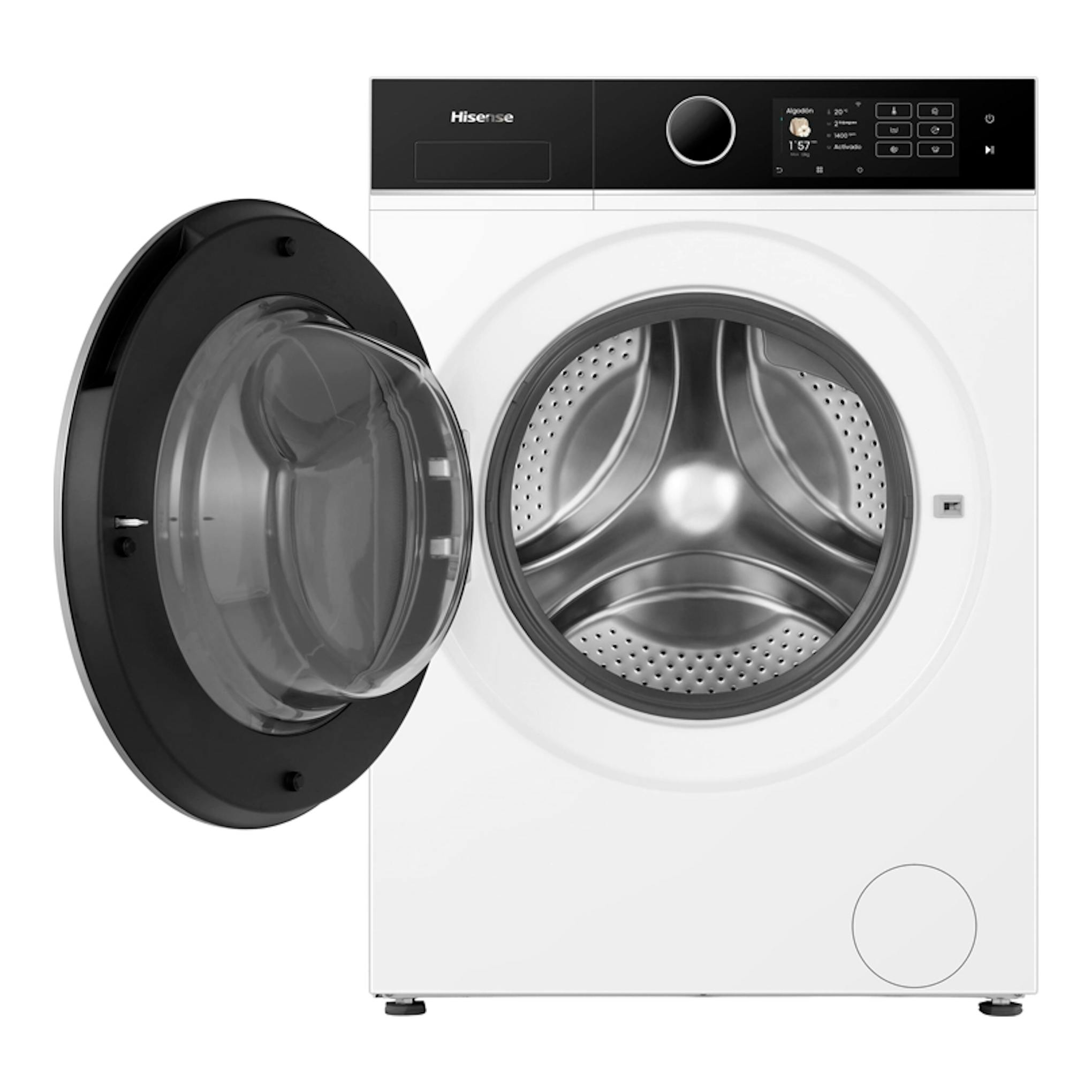 Lavasecadora Hisense WD5i1245BWR blanca, vista frontal, con puerta abierta y tambor visible.
