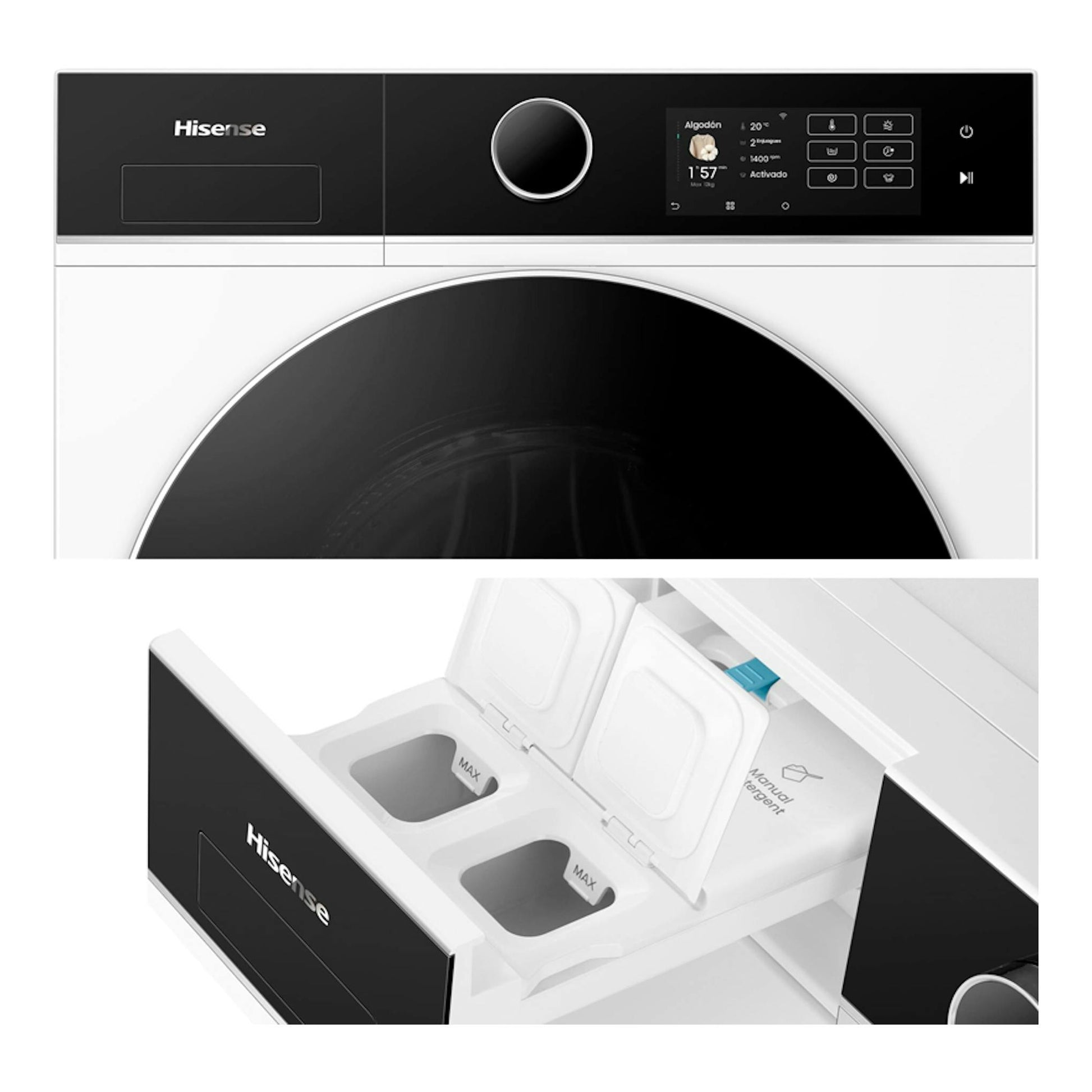 Lavasecadora Hisense WD5i1245BWR blanca y negra, vista frontal con panel digital y cajón de detergente abierto.