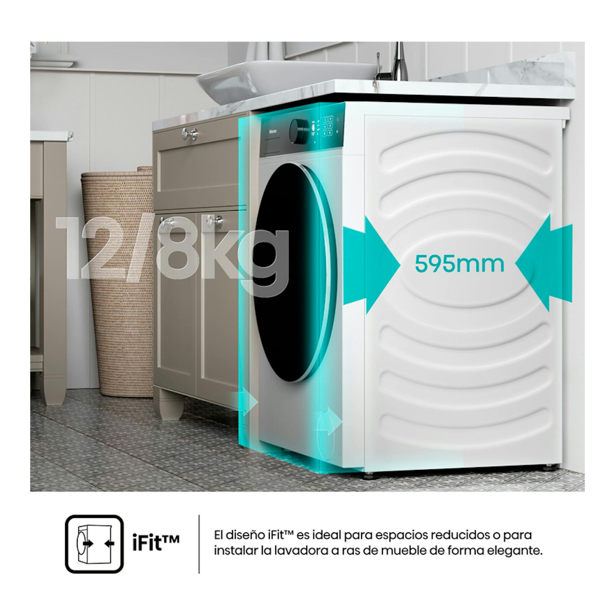Lavasecadora Hisense WD5i1245BWR blanca, vista frontal en cocina, con puerta negra y medidas 12/8 kg.