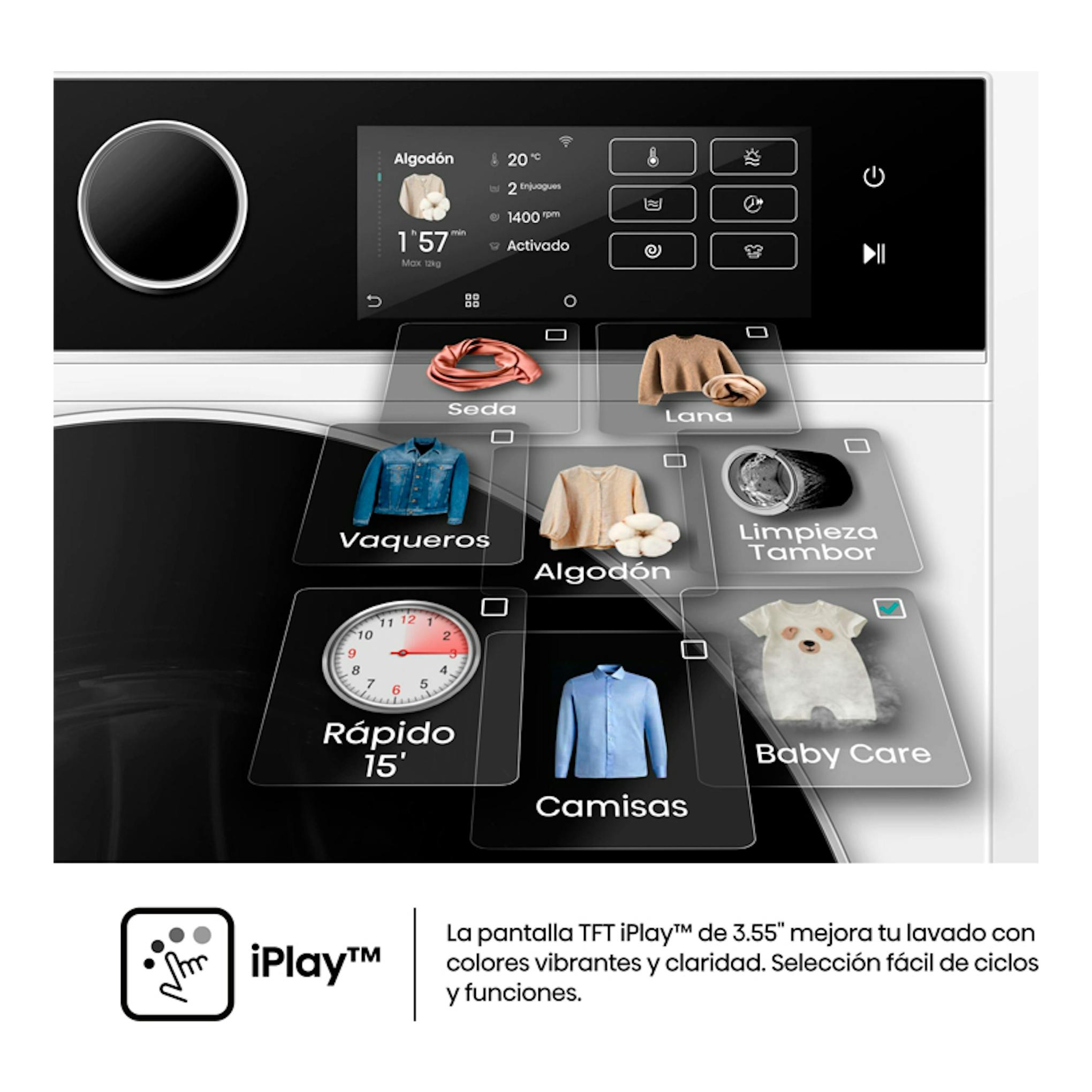 Panel frontal negro de lavasecadora Hisense WD5i1245BWR con pantalla táctil y programas de lavado.