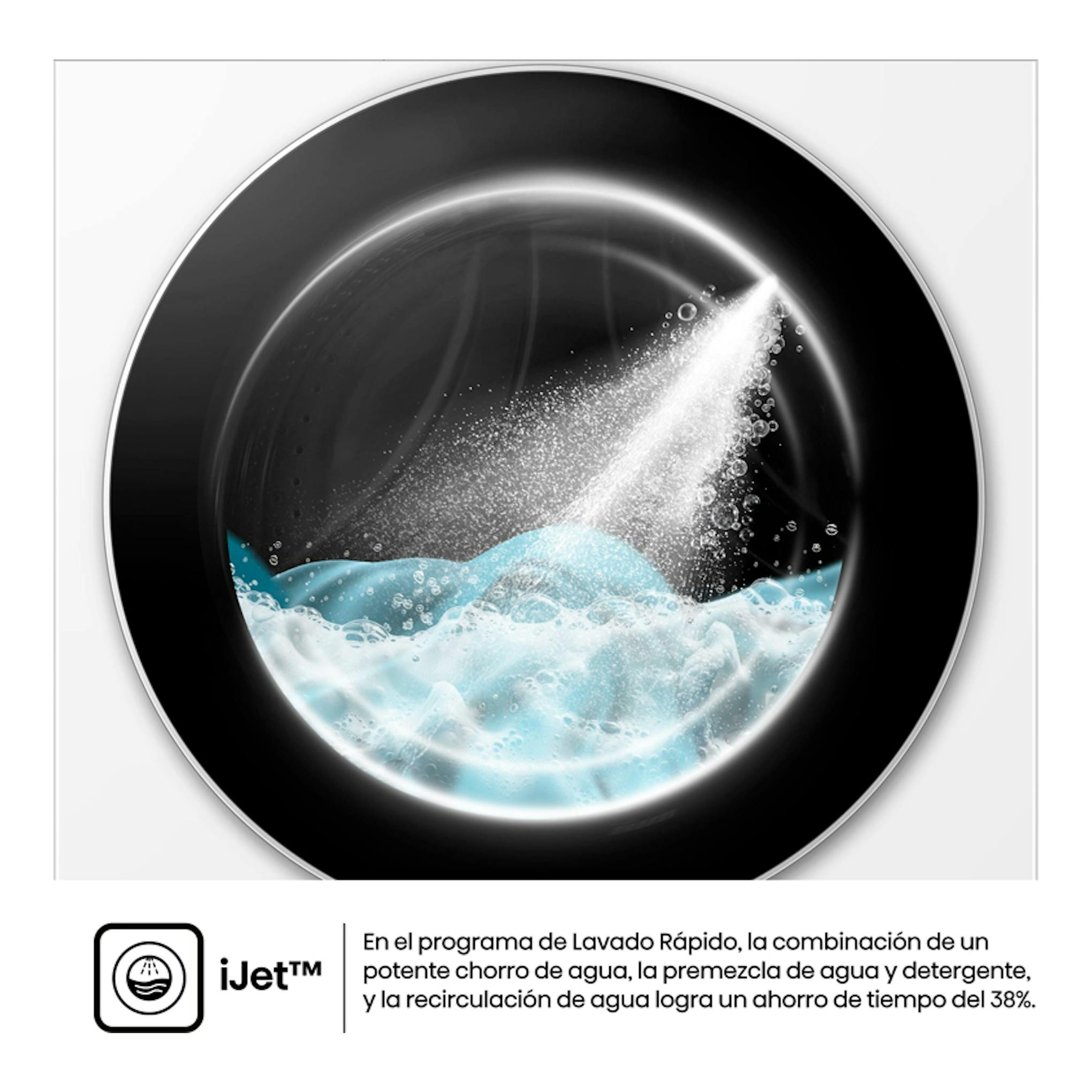 Ilustración frontal del tambor negro de la lavasecadora Hisense WD5i1245BWR con chorro de agua iJet.