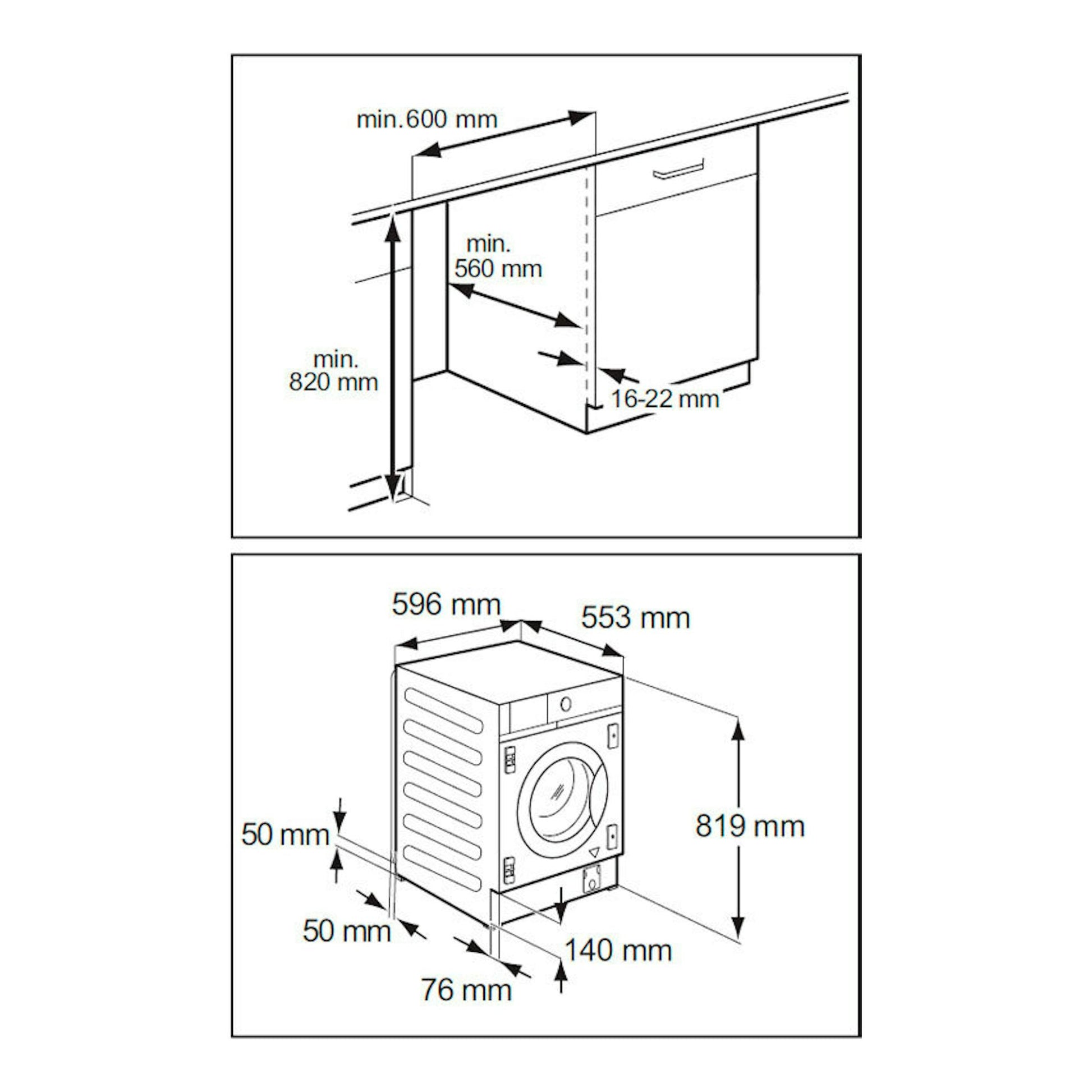 AEG LWN7E8636F: esquema técnico en blanco y negro de lavasecadora integrable, vistas frontal y lateral con medidas.