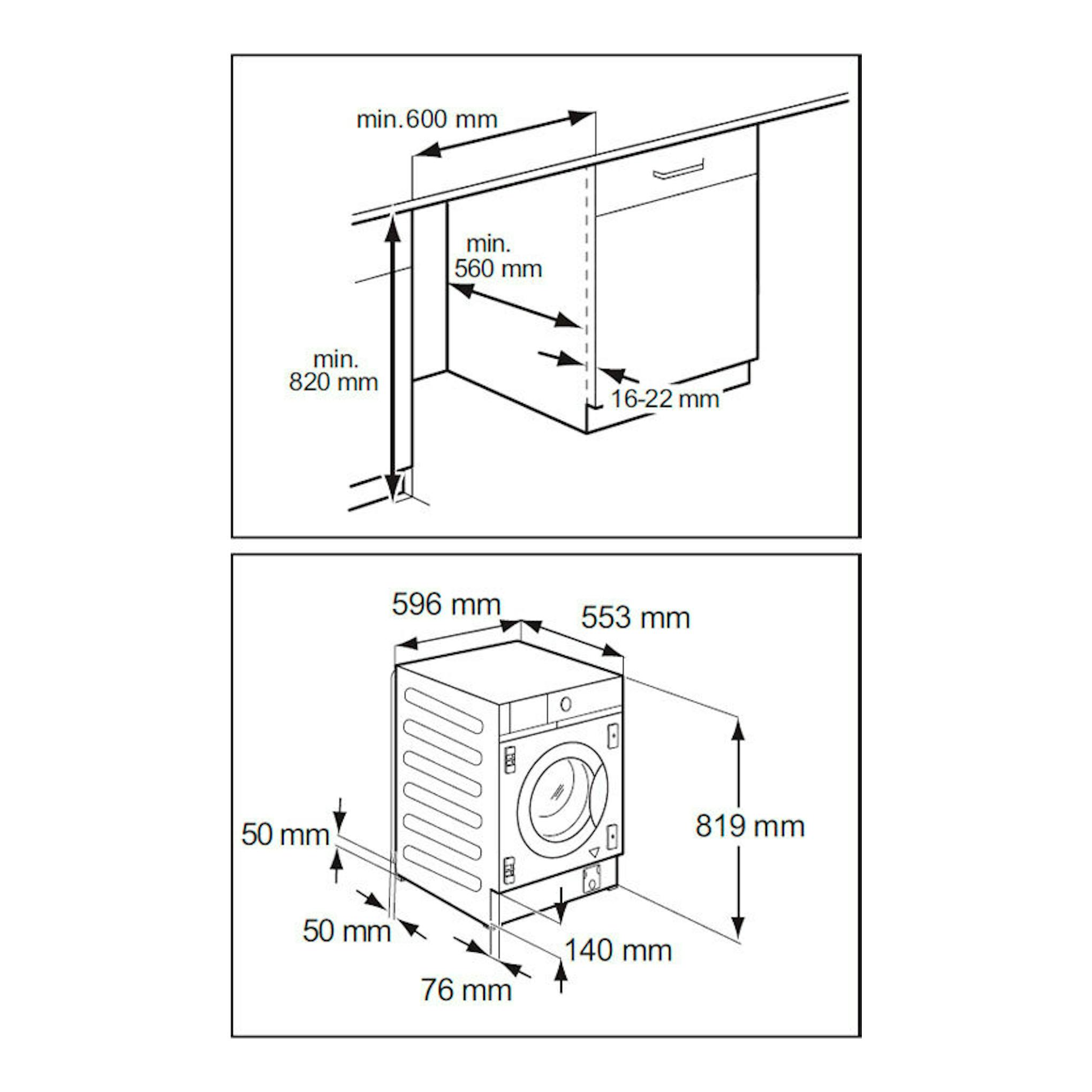 AEG LWN7E8636F: esquema técnico en blanco y negro de lavasecadora integrable, vistas frontal y lateral con medidas.