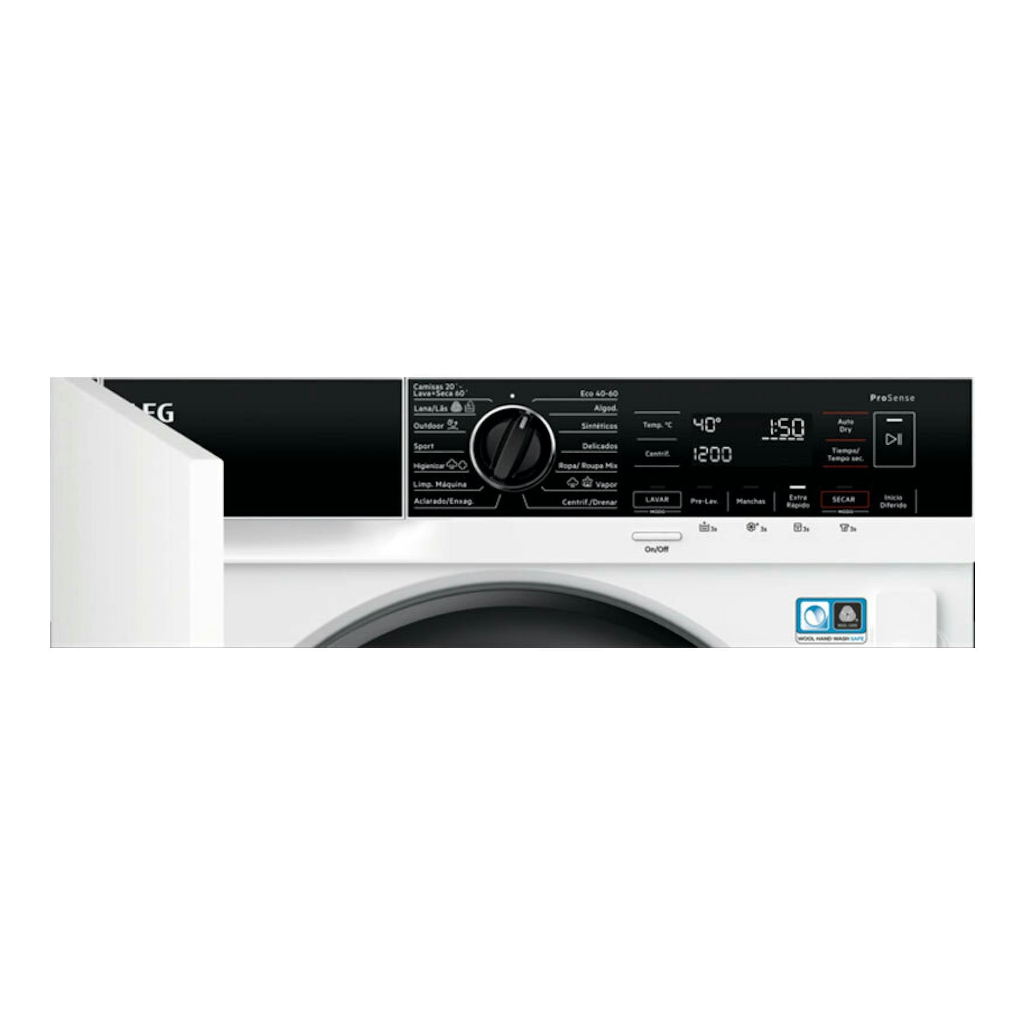AEG LWN7E8636F, vista frontal parcial de lavasecadora blanca con panel negro, selector y pantalla digital.