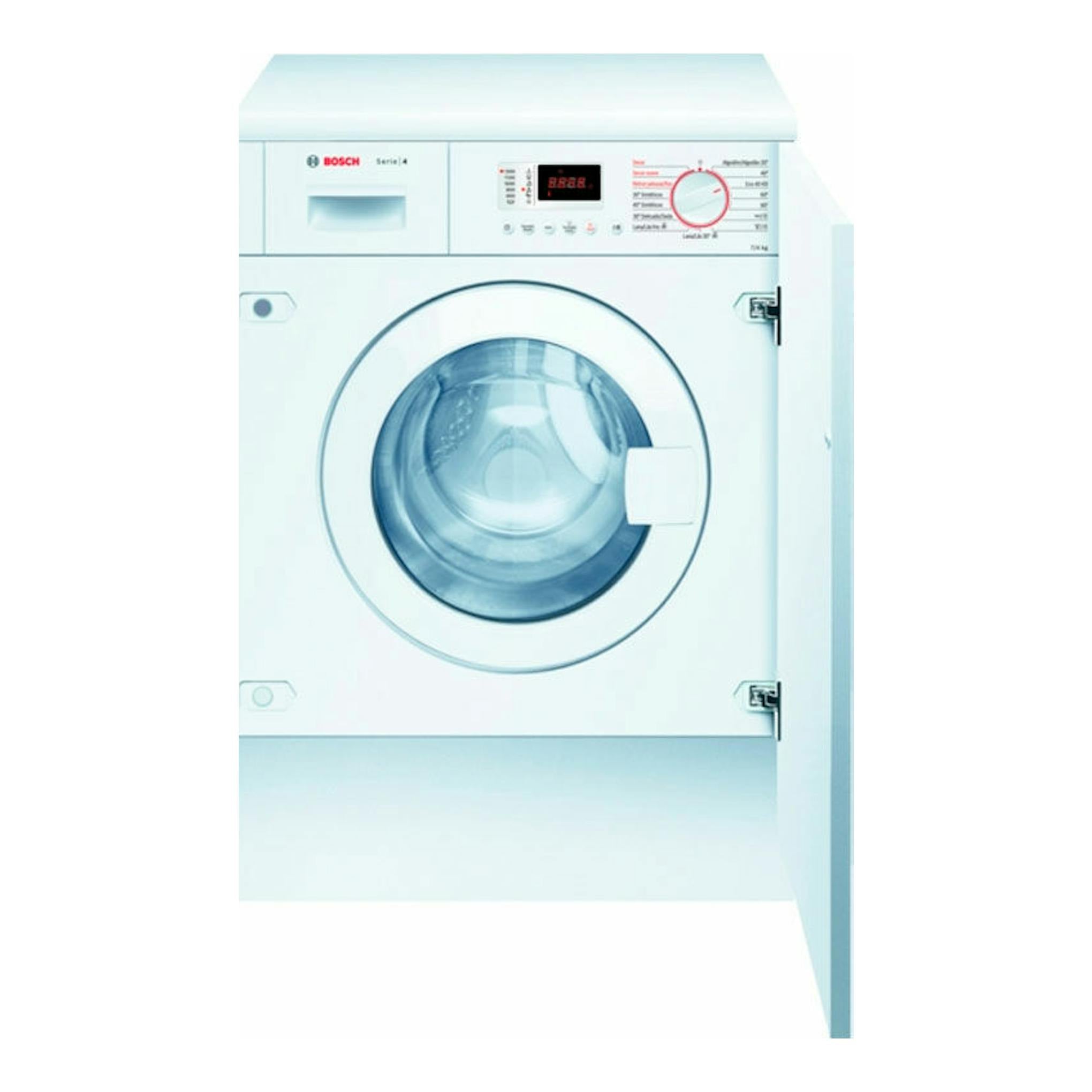 Lavasecadora integrable Bosch WKD24362ES, vista frontal, blanca, con puerta circular y panel superior.