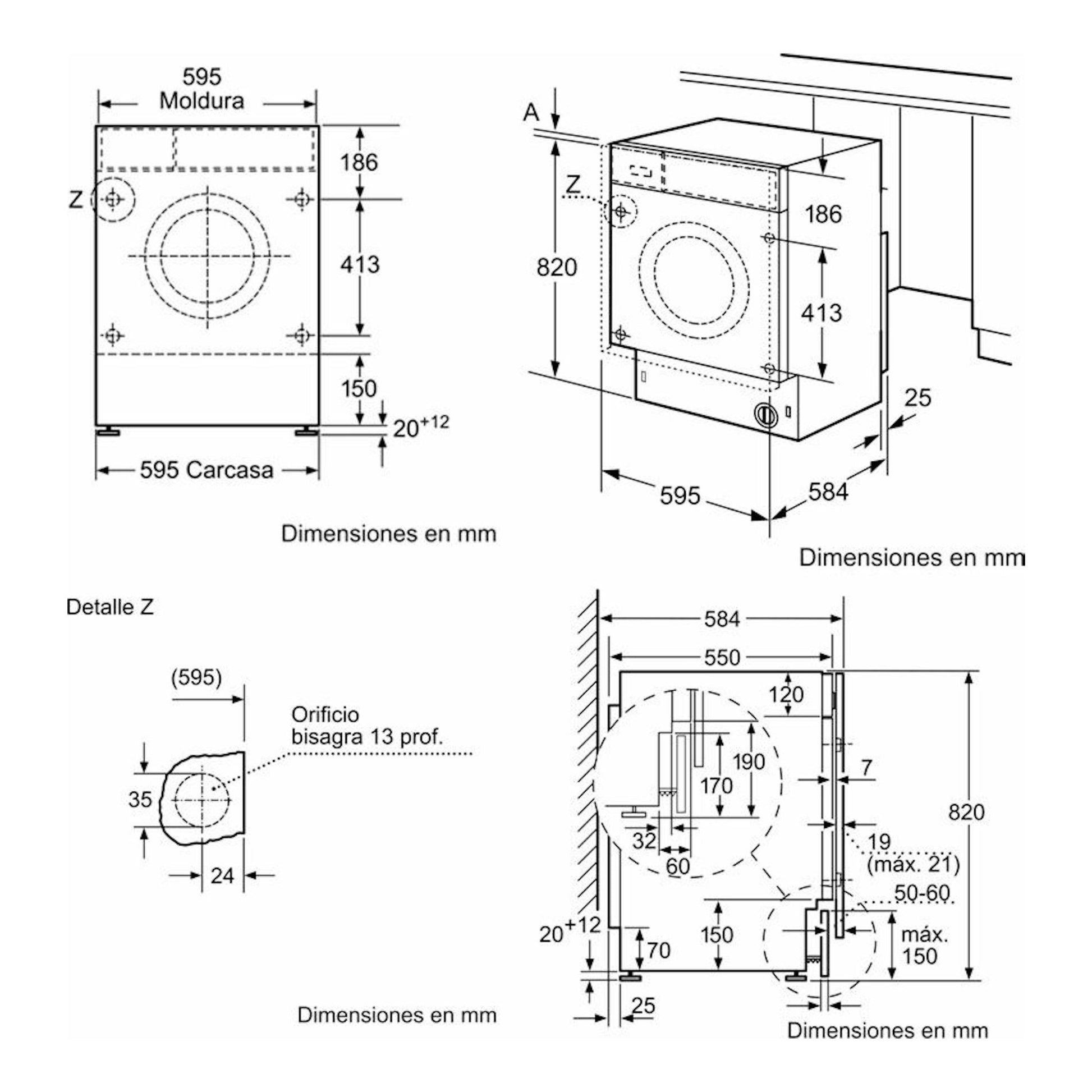 Bosch WKD24362ES, esquema técnico de lavasecadora integrable con vistas frontal y lateral y medidas en mm.