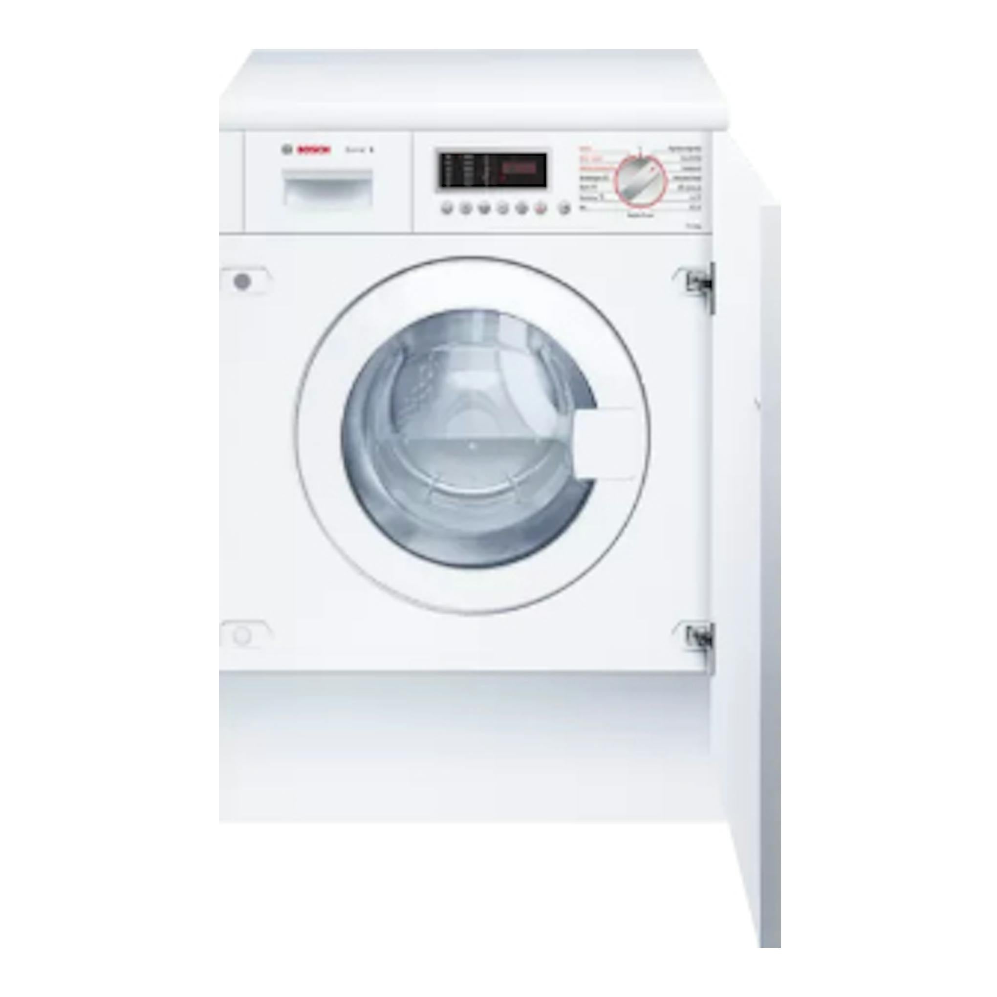Lavasecadora integrable Bosch WKD28543ES blanca, vista frontal, con puerta abierta.