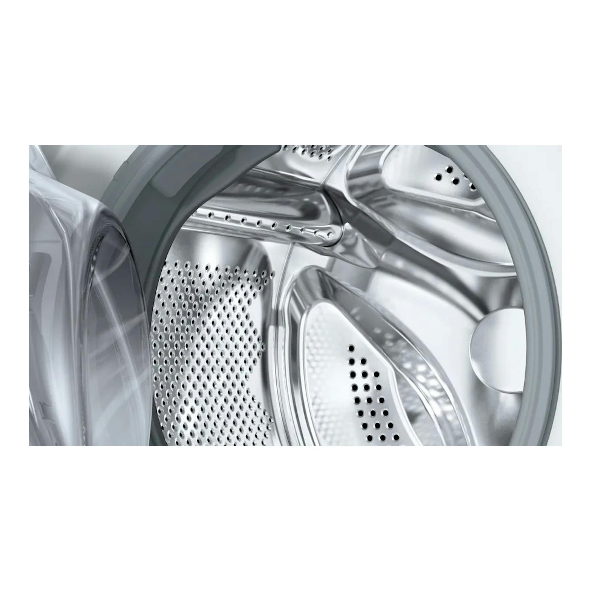 Bosch WKD28543ES: primer plano del tambor de acero inoxidable de una lavasecadora.