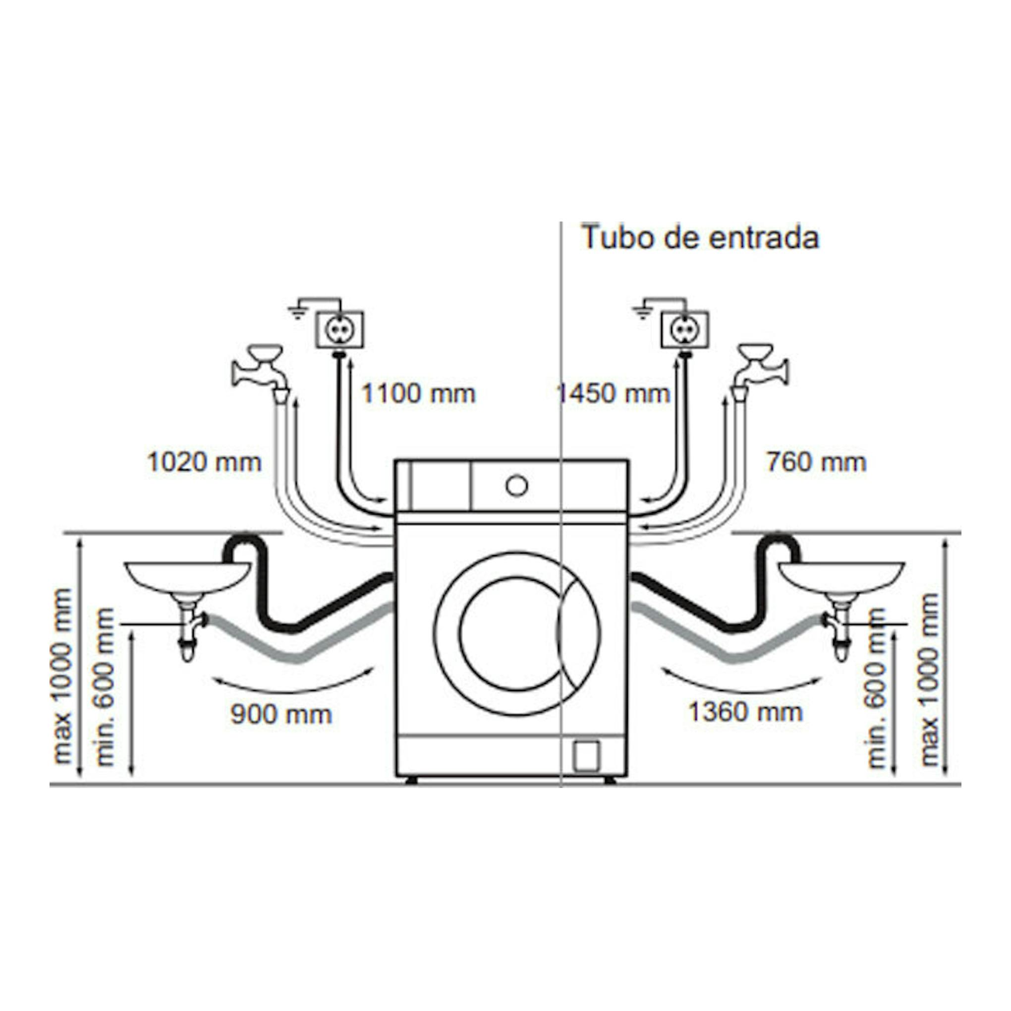 Diagrama de instalación de lavasecadora Electrolux EN7W4862OF, con tuberías y medidas de conexión.