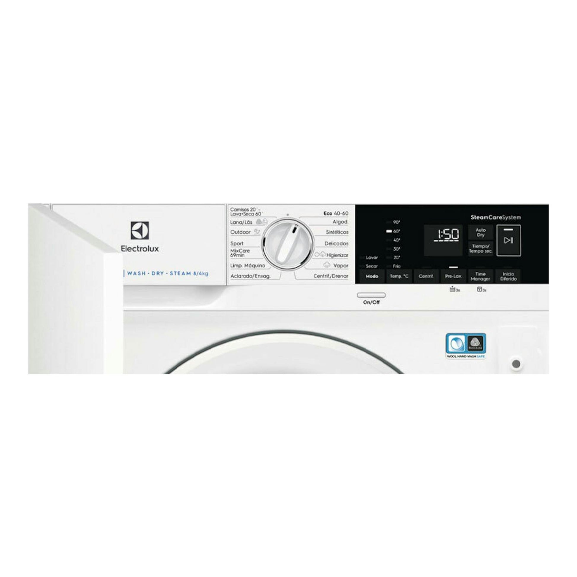 Lavasecadora integrable Electrolux EN7W4862OF, vista frontal parcial, blanca, con panel y selector central.