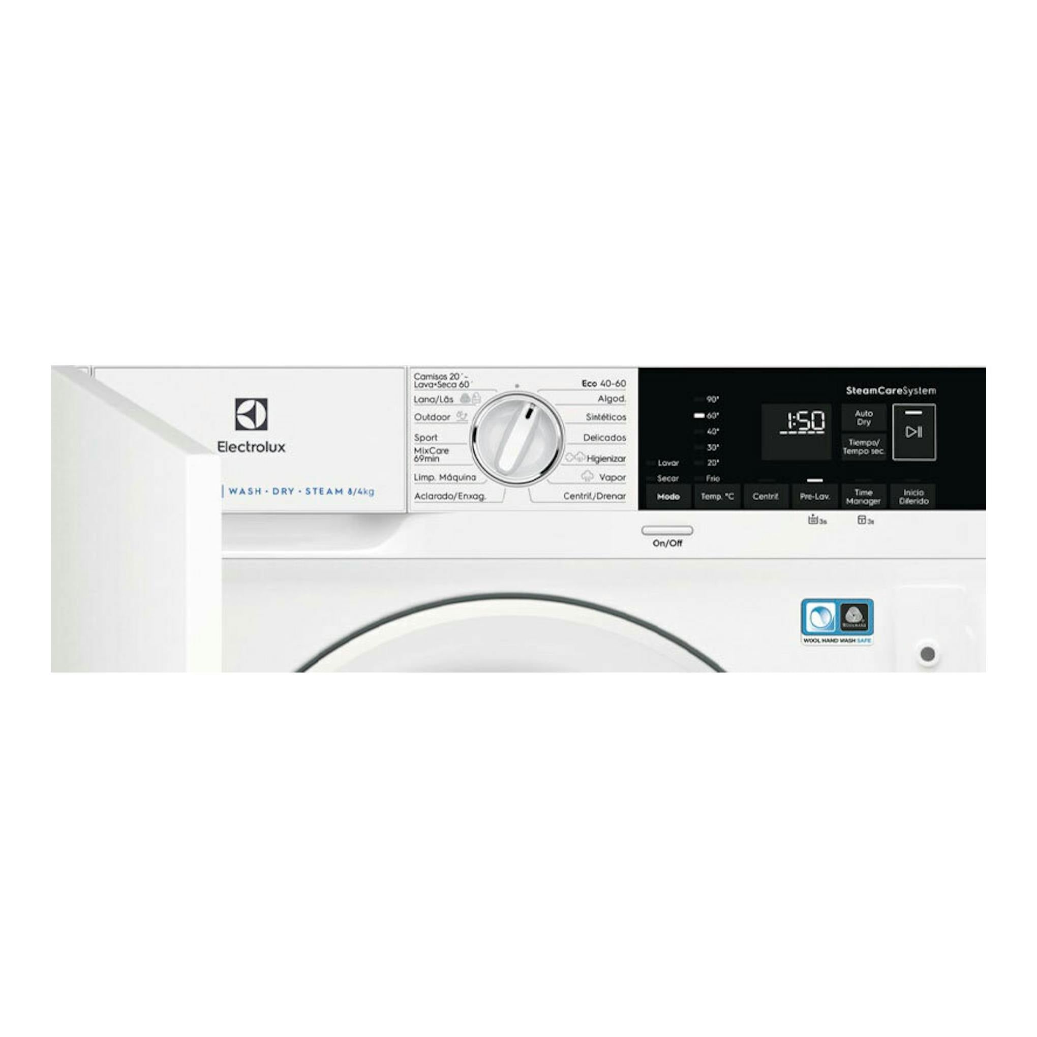 Lavasecadora integrable Electrolux EN7W4862OF, vista frontal parcial, blanca, con panel y selector central.