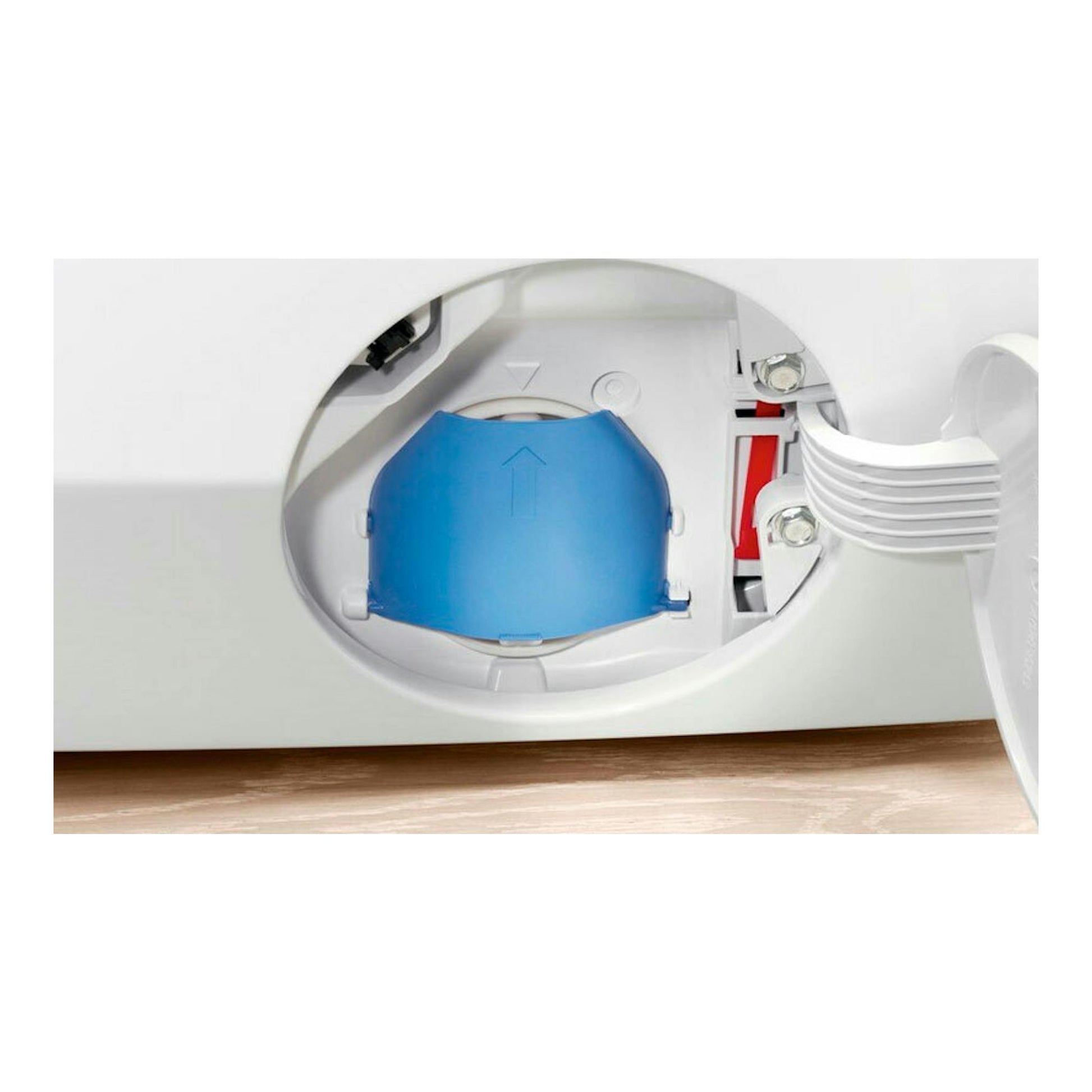 Electrolux EN7W4862OF, lavasecadora blanca integrable, vista frontal en detalle del acceso inferior con tapa azul abierta.
