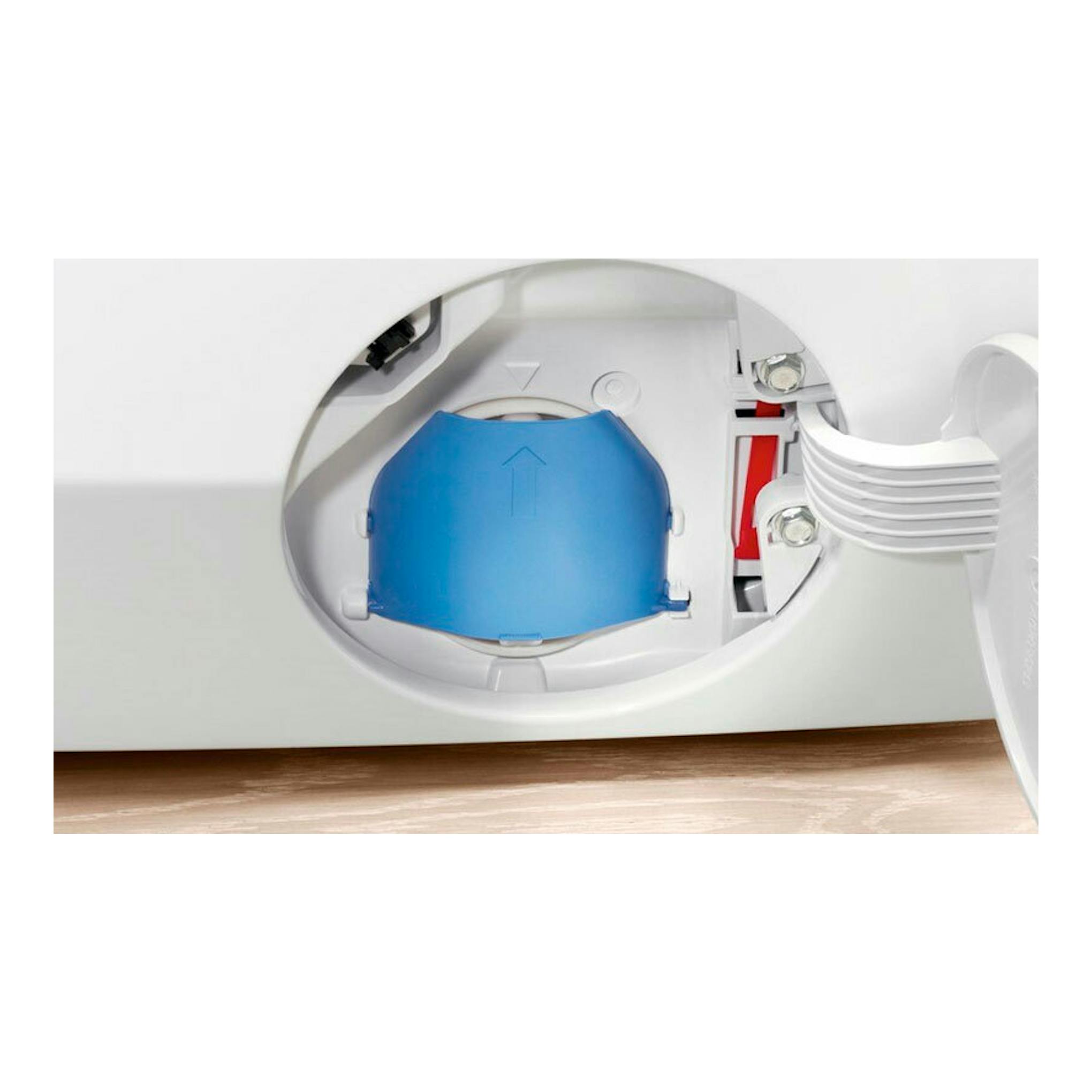 Electrolux EN7W4862OF, lavasecadora blanca integrable, vista frontal en detalle del acceso inferior con tapa azul abierta.