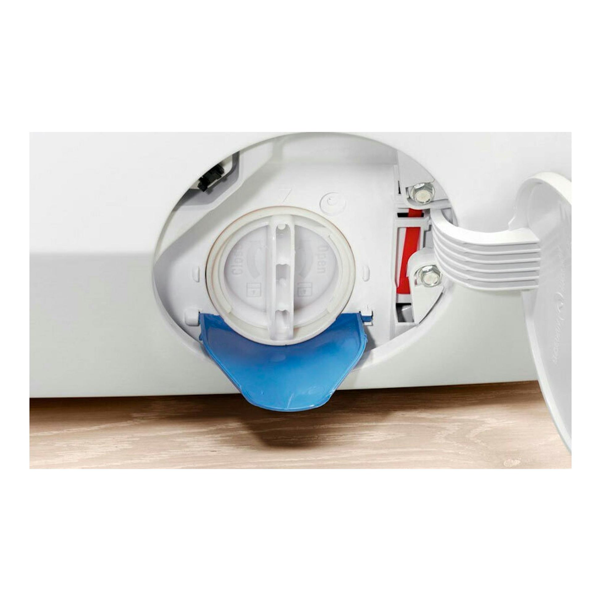 Lavasecadora integrable Electrolux EN7W4862OF blanca, vista frontal con tapa inferior abierta.