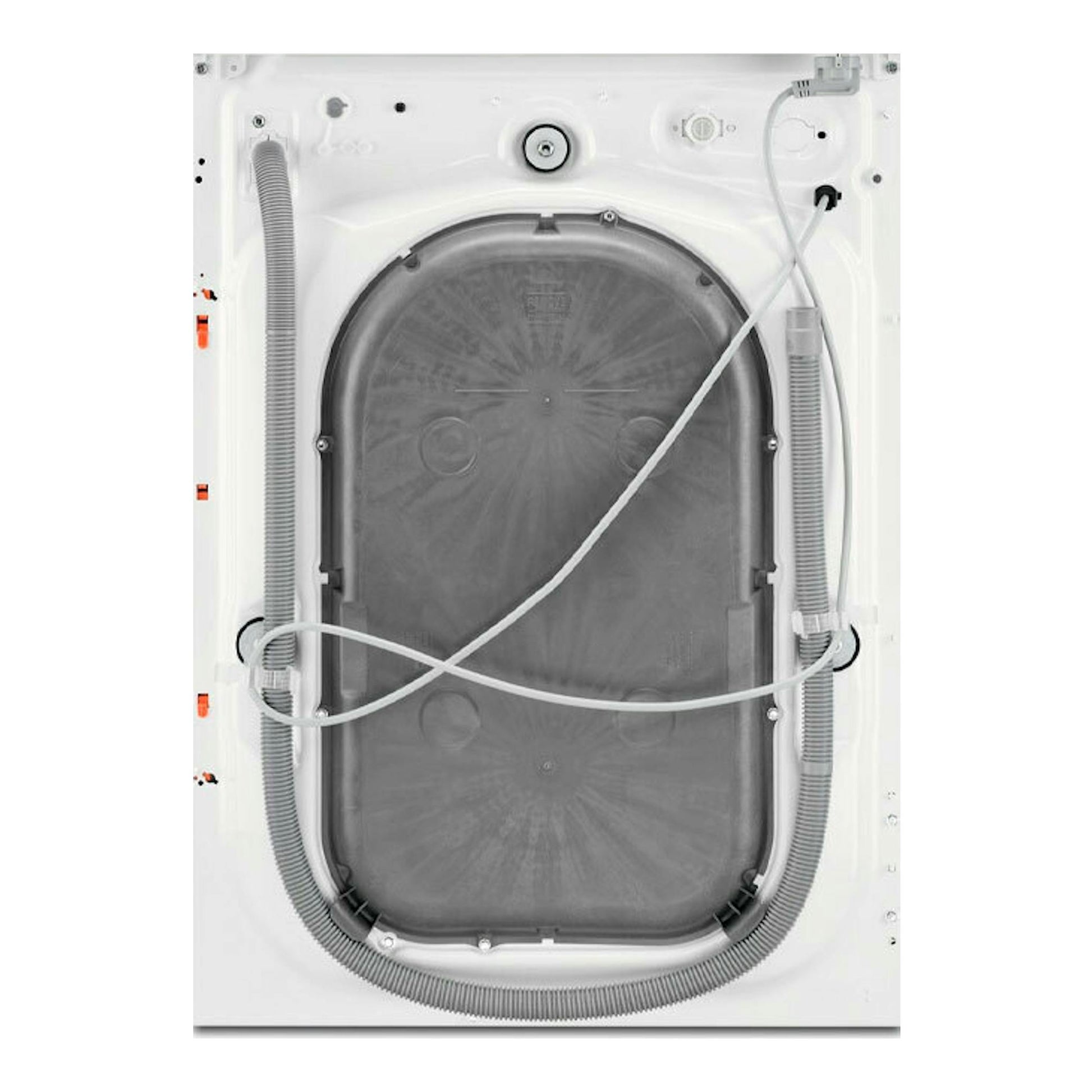 Electrolux EN7W4862OF lavasecadora integrable blanca, vista trasera con panel y manguitos.