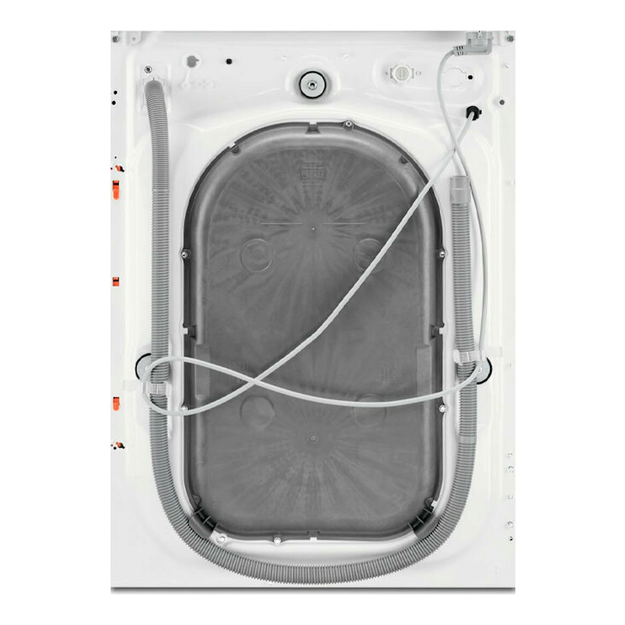 Electrolux EN7W4862OF lavasecadora integrable blanca, vista trasera con panel y manguitos.