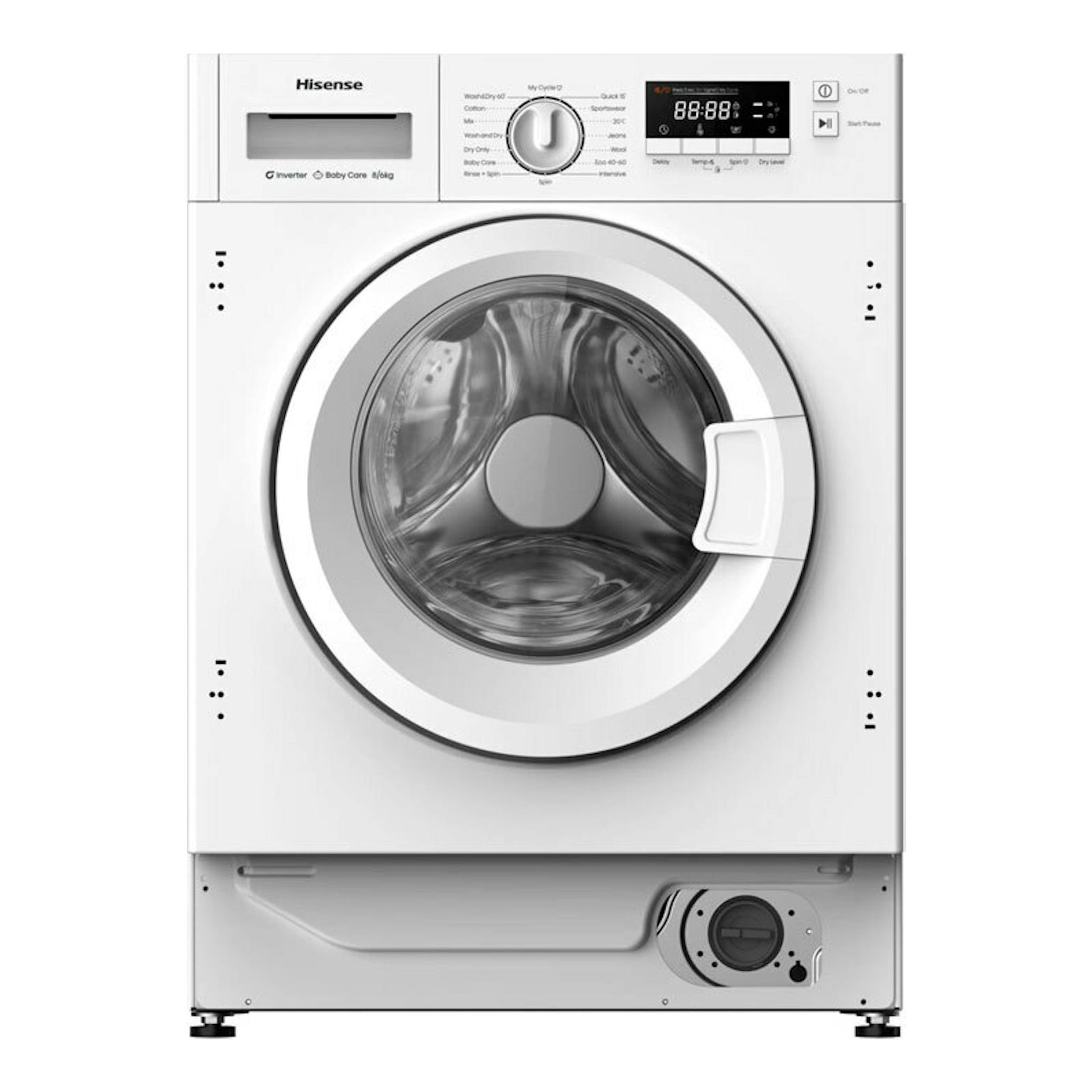 Lavasecadora integrable Hisense WD3M841BWIES, blanca, vista frontal, con carga frontal y panel digital.