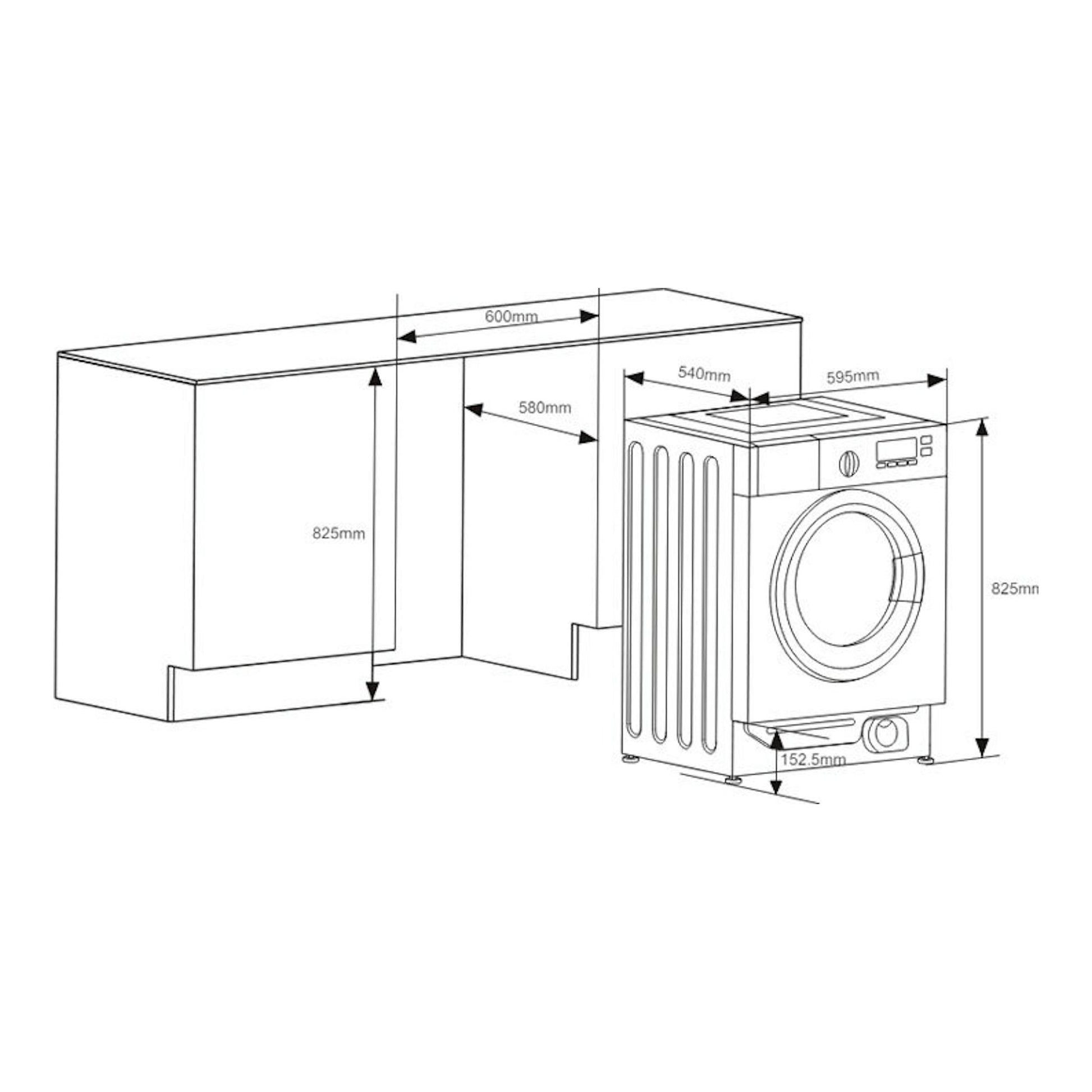 Hisense WD3M841BWIES lavasecadora integrable, dibujo técnico frontal en blanco con medidas de encastre.